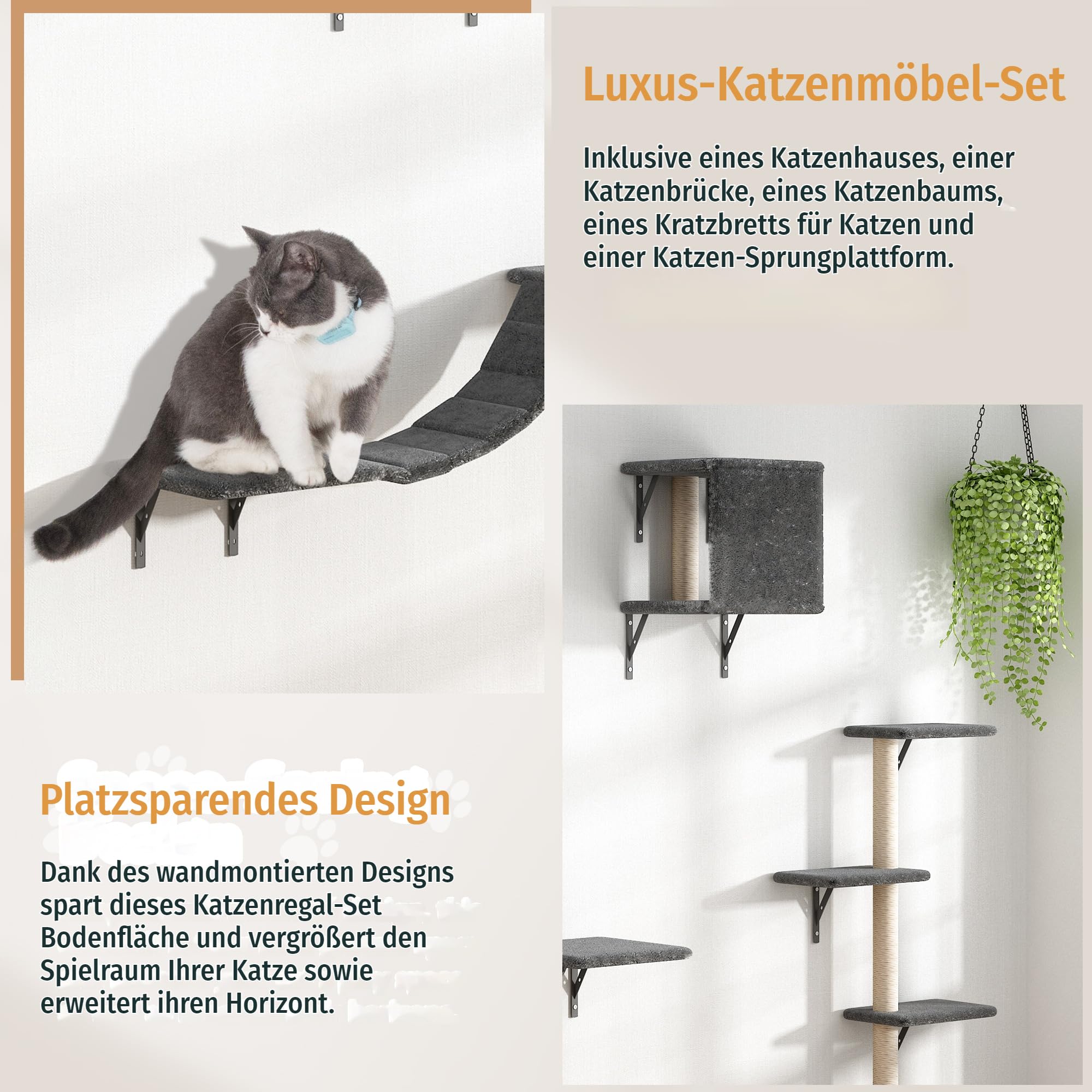 5 pezzi di mobili a muro multipiano per interni con tiragraffi, appartamento per gatti, posatoi, ponte per gatti, grigio