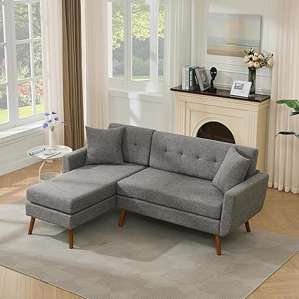 Tbfit L Shaped Couch Sofa, 80" W Mid-Century Modern Sectional Couches, 3 Seater Sofas with Wide Chaise Lounge & Two Pillows,Button Tufted Upholstered Sectional Sofa for Living Room, Bedroom, Gray
