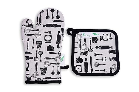 furLong100% Cotton, Eco-Friendly Oven Mitt & Pot Holder Set, White & Black