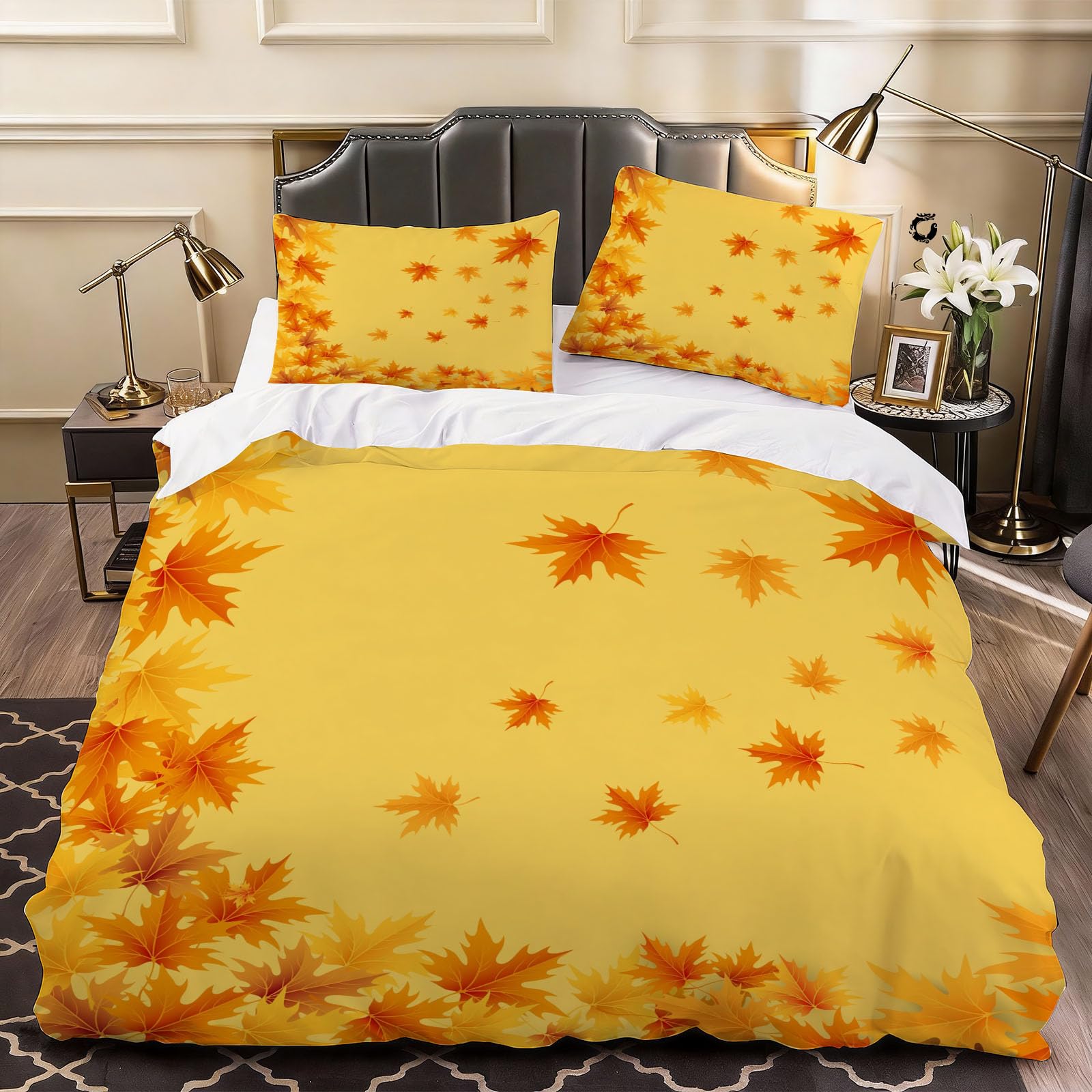 3D Maple Leaf Autumn Nature Duvet Cover Maple Orange Bedding Super King Bed Set, Soft Microfiber Comforter Cover Printed with Zipper Closure Quilt Coverr 260x220 cm and 2 Pillowcases