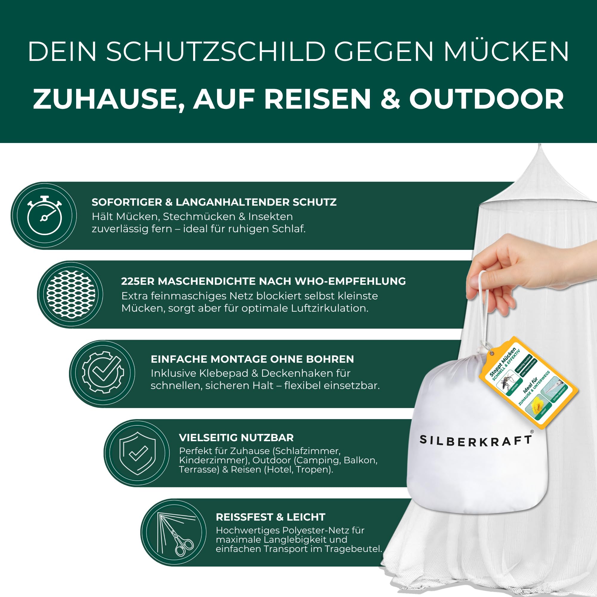 Silberkraft Moskitonetz XXL für Doppelbett - Mückennetz mit Reißverschluss-Öffnung, inklusive Klebehaken, geeignet für Reisen und zu Hause, feinmaschiges Netz, mit Beutel zur Aufbewahrung
