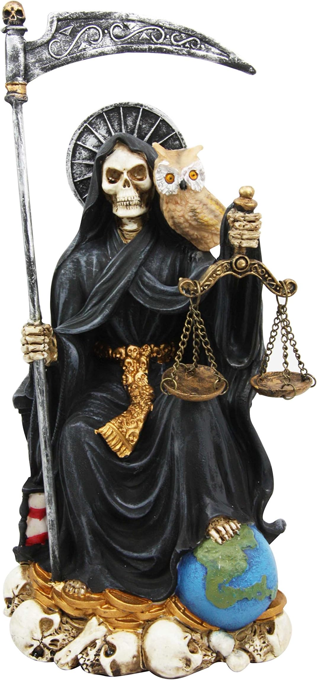 9" Tall Holy Death Santa Muerte Of Protection With Scythe And Scales Sitting On Throne Day of The Dead Decorative Figurine (Black)
