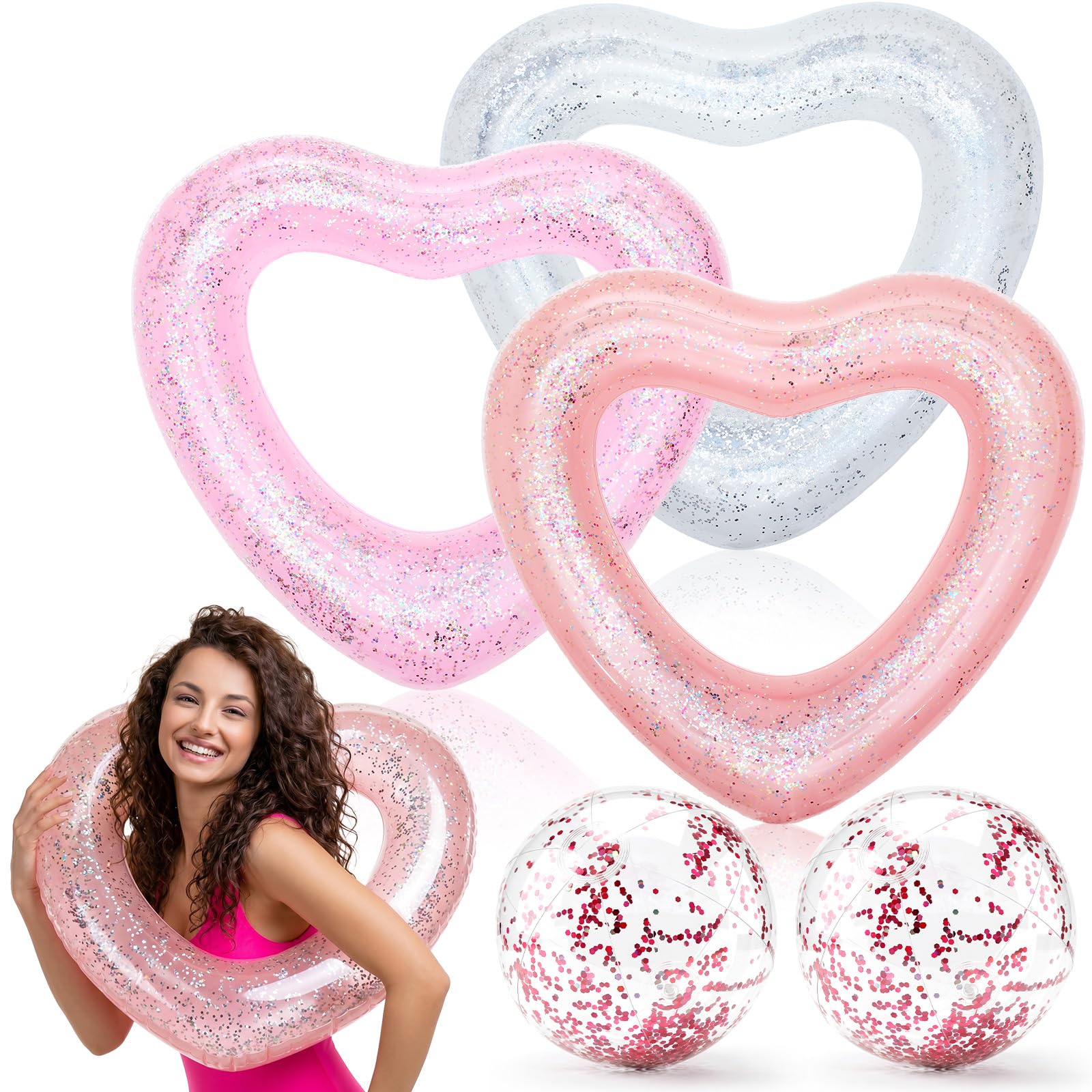 Photo 1 of Lenwen Heart Pool Float Set with Glitter Beach Balls - Pink, 31 x 28 Inch
