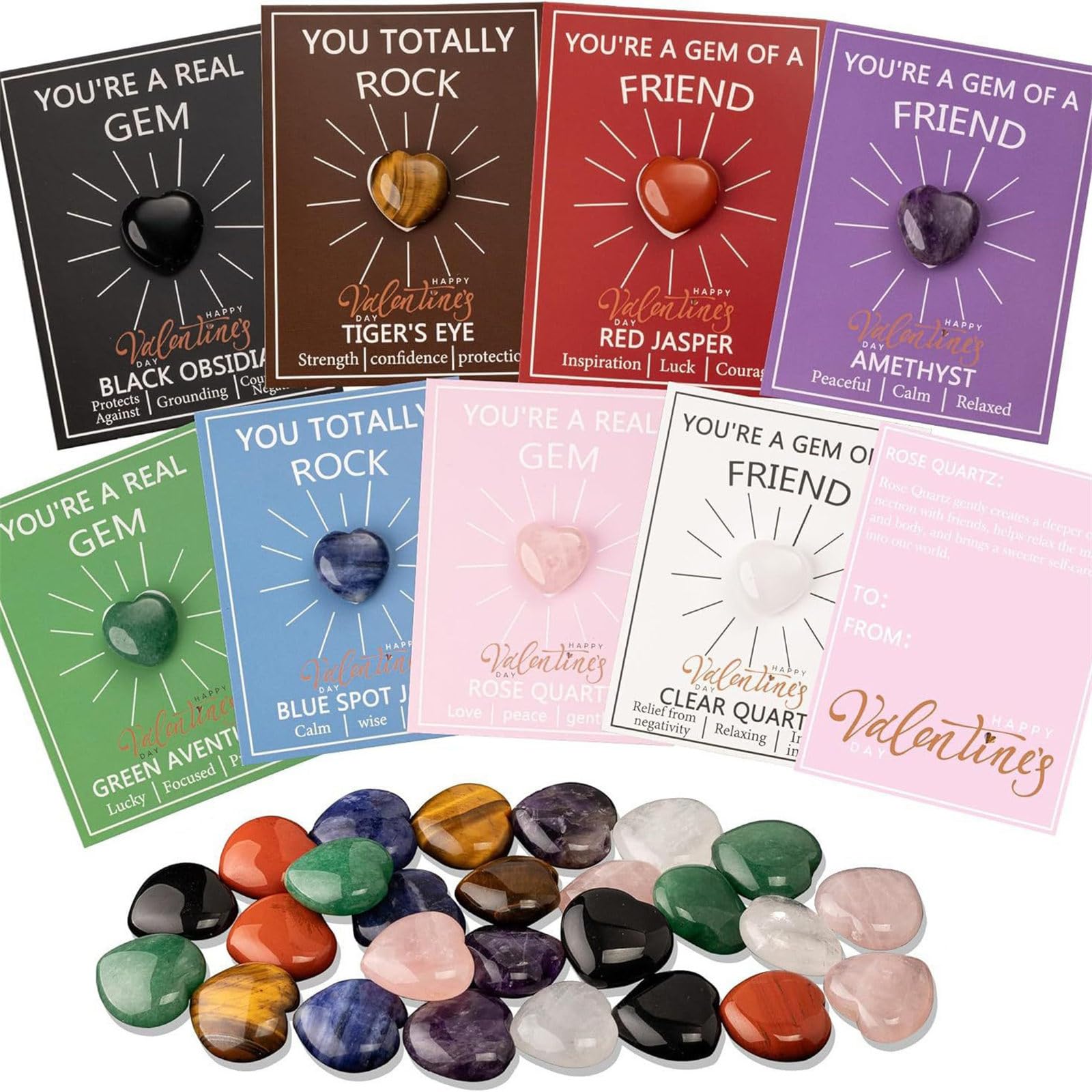 Nucelit 24 / 48Pcs Heart Stone with Positive Affirmation Cards for Valentines Birthday Exchange Corporate Giveaway Amethysts