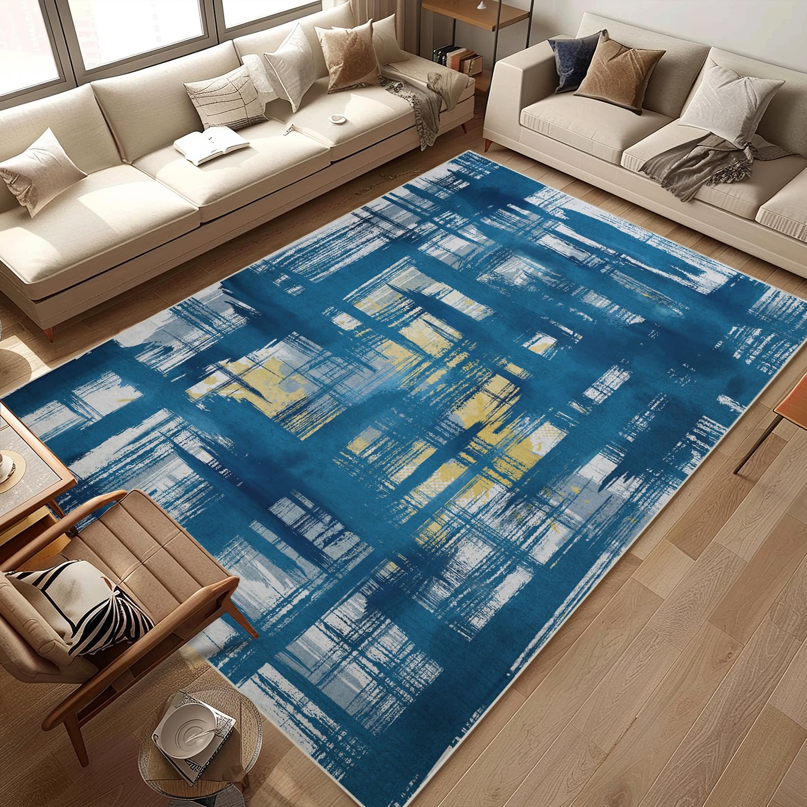 Abstract Line Area Rug 5x7 Modern Blue Large Carpet Washable Door Mat Low Pile Indoor Floor Rugs Boho Soft Non Slip Rug for Living Room Bedroom