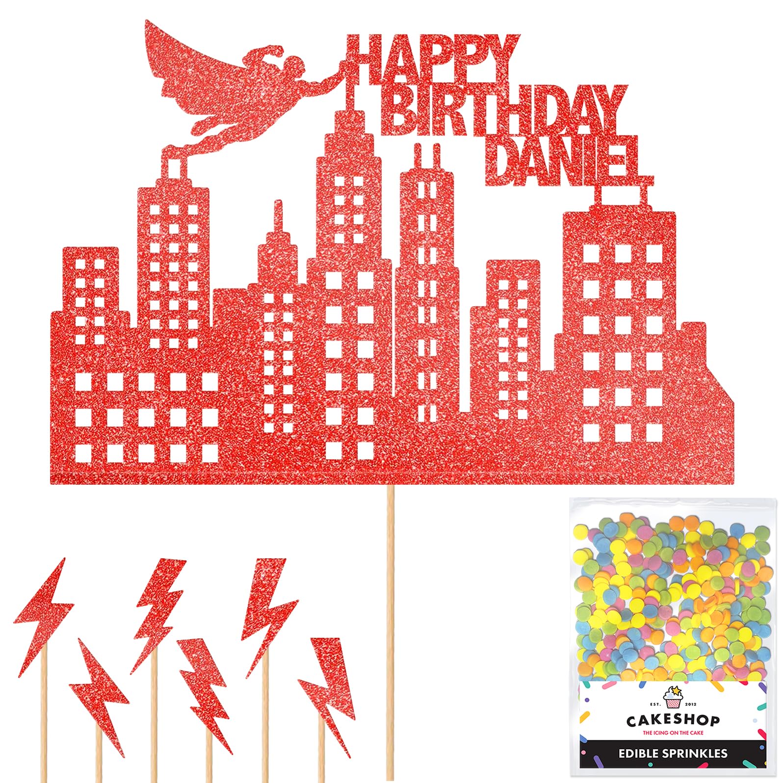Personalised Superhero City Comic Glitter Cake Topper- Red Any Custom Name Glitter Cake Decoration and Sprinkles - Happy Birthday Decorations - Personalised Toppers for Cakes by Cakeshop