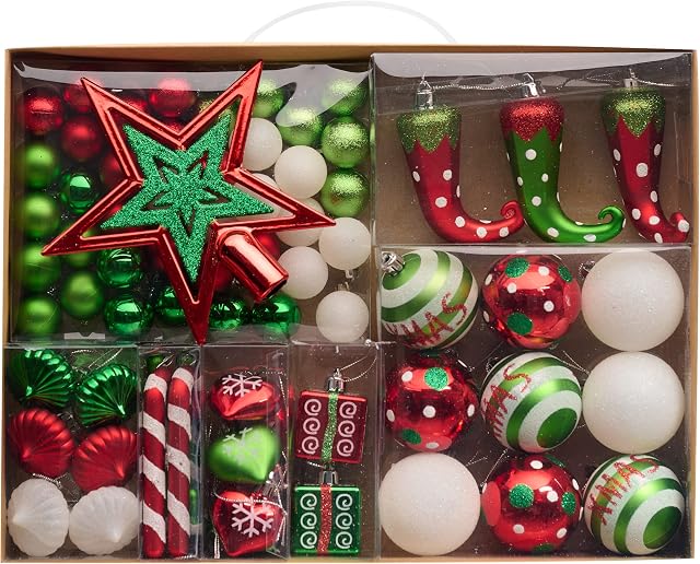 Valery Madelyn 70pcs 3-10cm Shatterproof Christmas Baubles,Delightful Elf Red Green and White Christmas Ball Ornaments with Tree Top for Christmas Tree Decorations