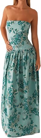 Women Strapless Maxi Dress Drop Waist Y2k Backless Tube Long Dresses Off Shoulder Flowy A Line Beach Sundress