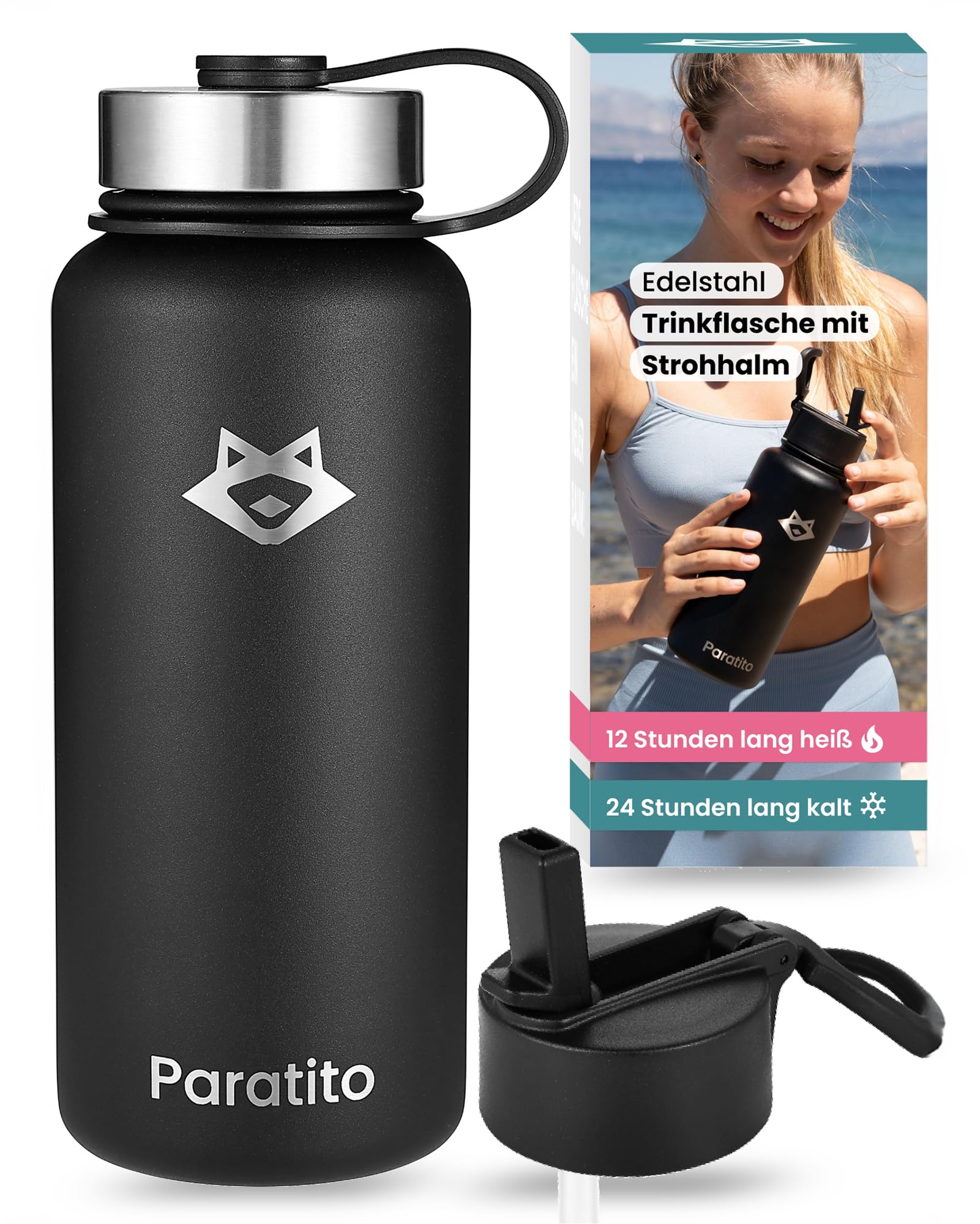 Edelstahl Trinkflasche mit Strohhalm 1L, BPA-frei, Thermo Trinkflasche mit Trinkhalm für Kinder & Erwachsene - Robuste Isolierflasche für Schule, Büro, Outdoor (Strohhalm Bundle, Schwarz)