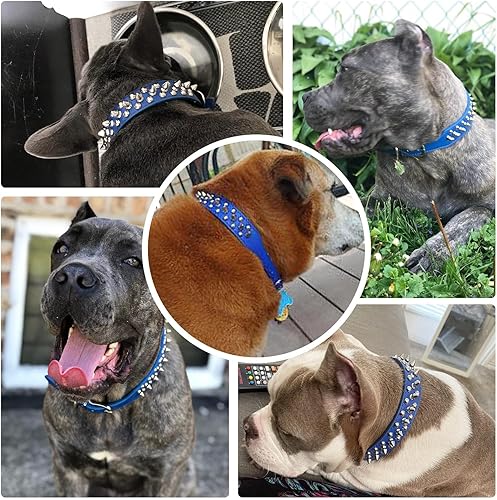 Miniatura 4 de Collar de cuero con tachuelas para perros pequeños, medianos y grandes, collar de piel sintética azul suave ajustable para perros medianos y