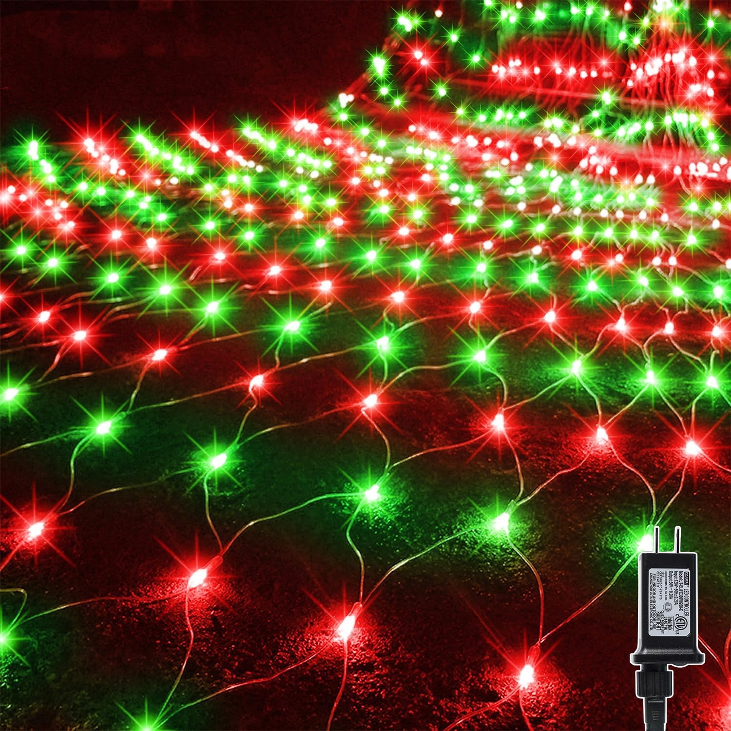 WATERGLIDE Outdoor Christmas Net Lights, 12FT x 5FT 360 LED Mesh String Light with 8 Lighting Mode, Connectable Waterproof Lights for Garden Tree Bushes, Holiday Wedding Party Decoration, Red & Green