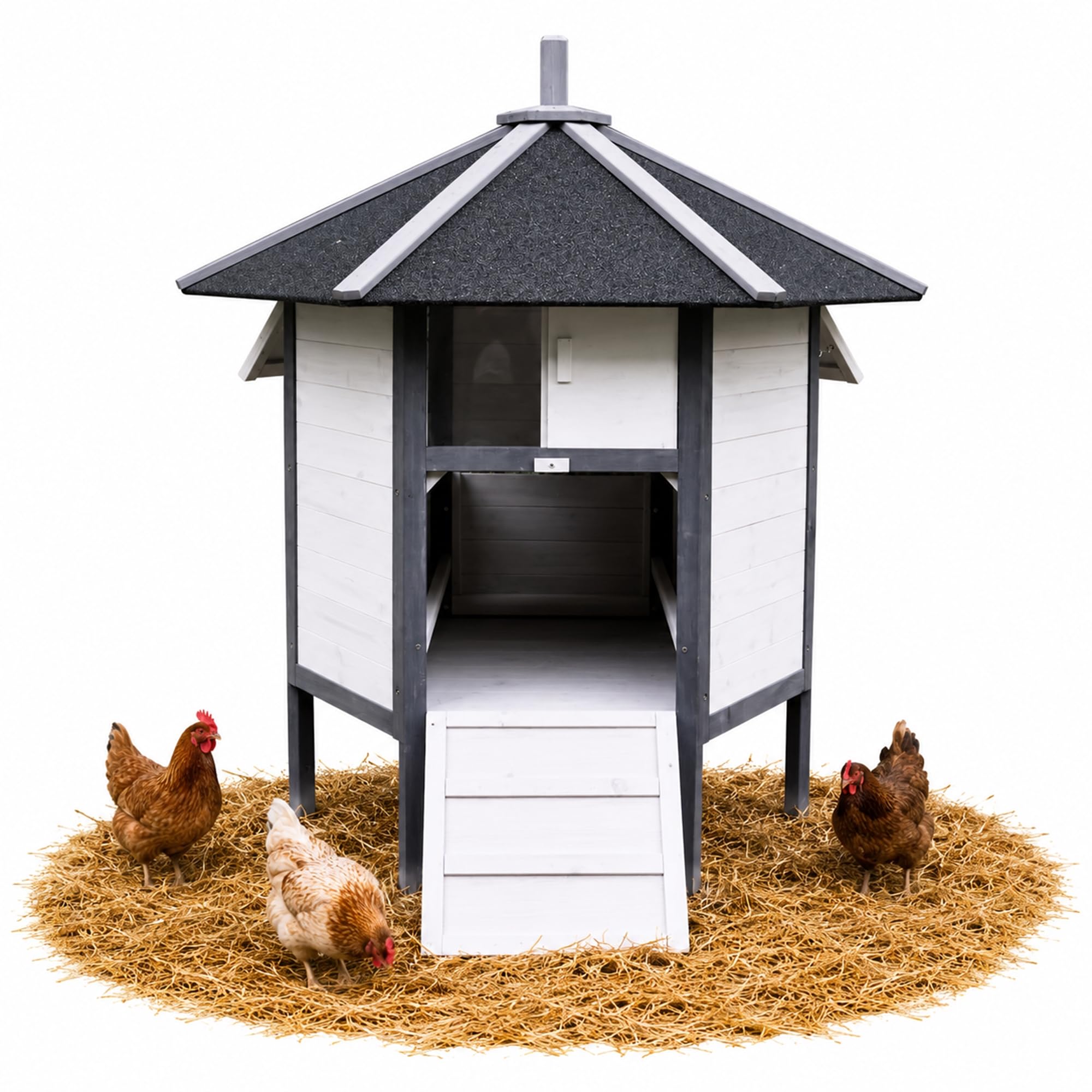 Mucola Hühnerstall Hühnerhaus 6-Eck mit Nestbox 131x125 cm Fichtenholz Grau | Geflügelstall wetterfest, 5-8 Hühner, Enten, wasserdichte Dachpappe, Legenest mit Klappdeckel, erhöhter Boden, inkl. Rampe