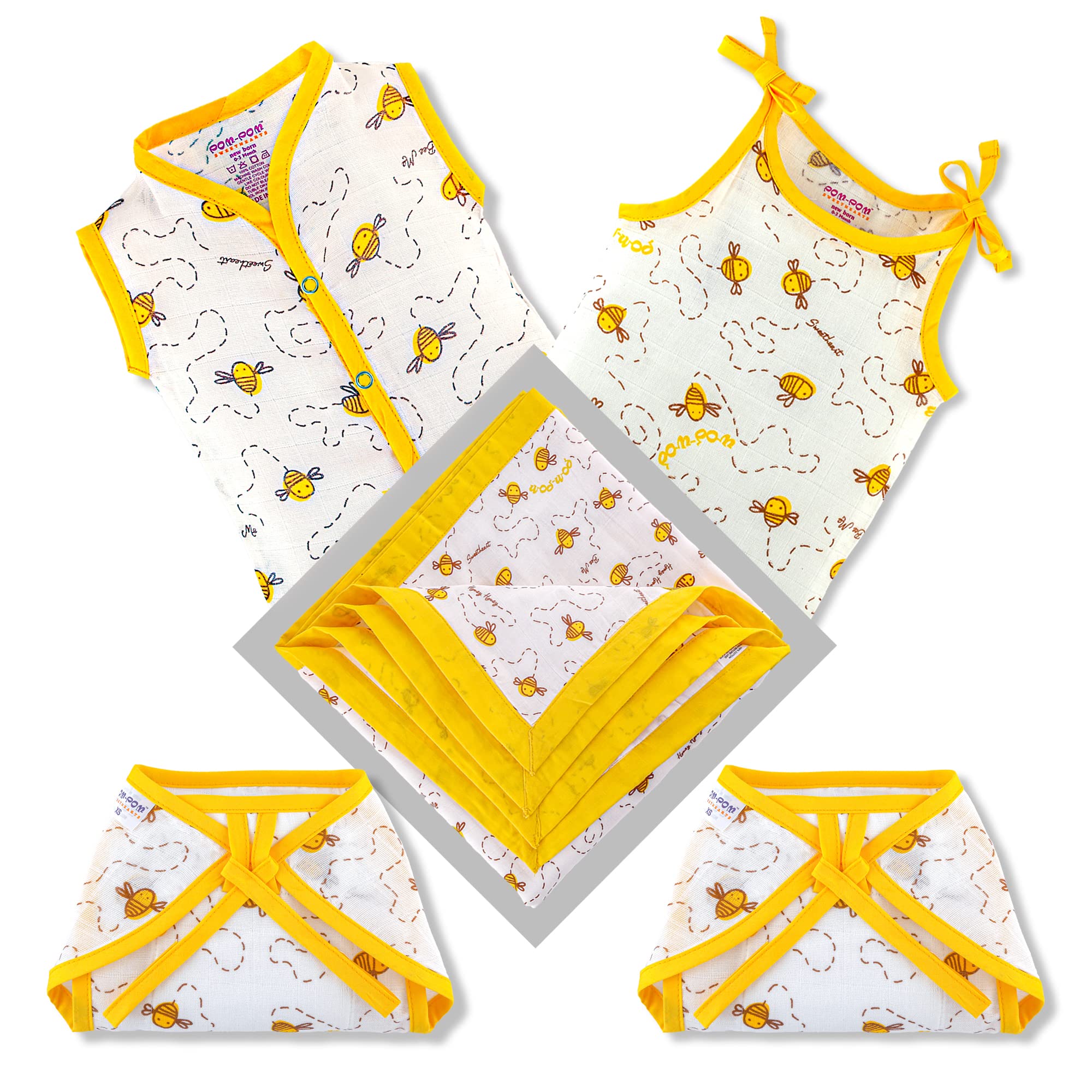 Pom Pom Sweethearts New Born Baby Combo Cloth Gift Set - 1 Printed Cotton Sleeveless Vest, 1 lace tie Slip, 2 Cotton Cloth Lace Nappy & 1 Double Layer swaddle blanket, Pack of 5(Honey Bee Print 0-3 Months)-image-24