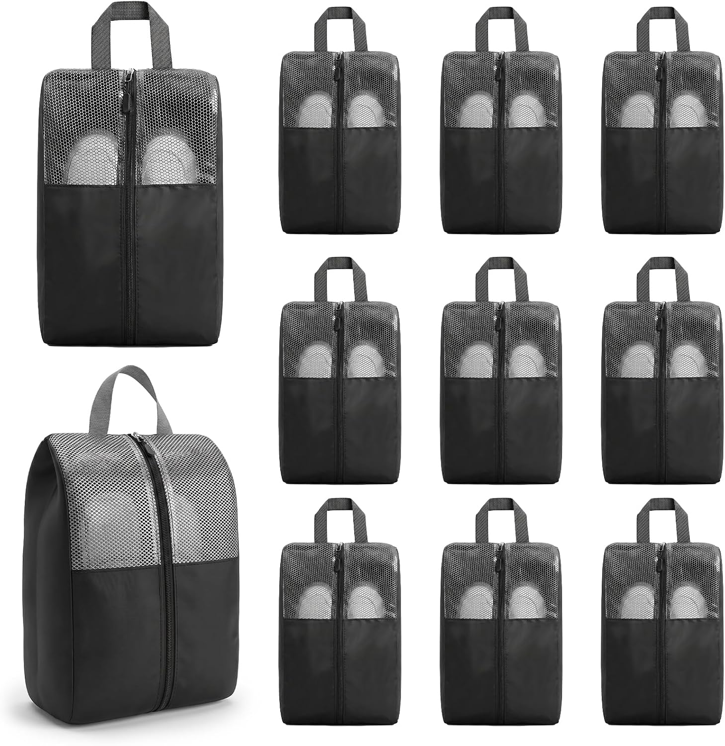 10 Pcs Shoe Bags For Travel Zipper, Zippered Travel Shoe Bags For Luggage, Travel Sneaker Zipper Bag Waterproof Oxford Cloth Shoe Storage For Men/Women (Black)