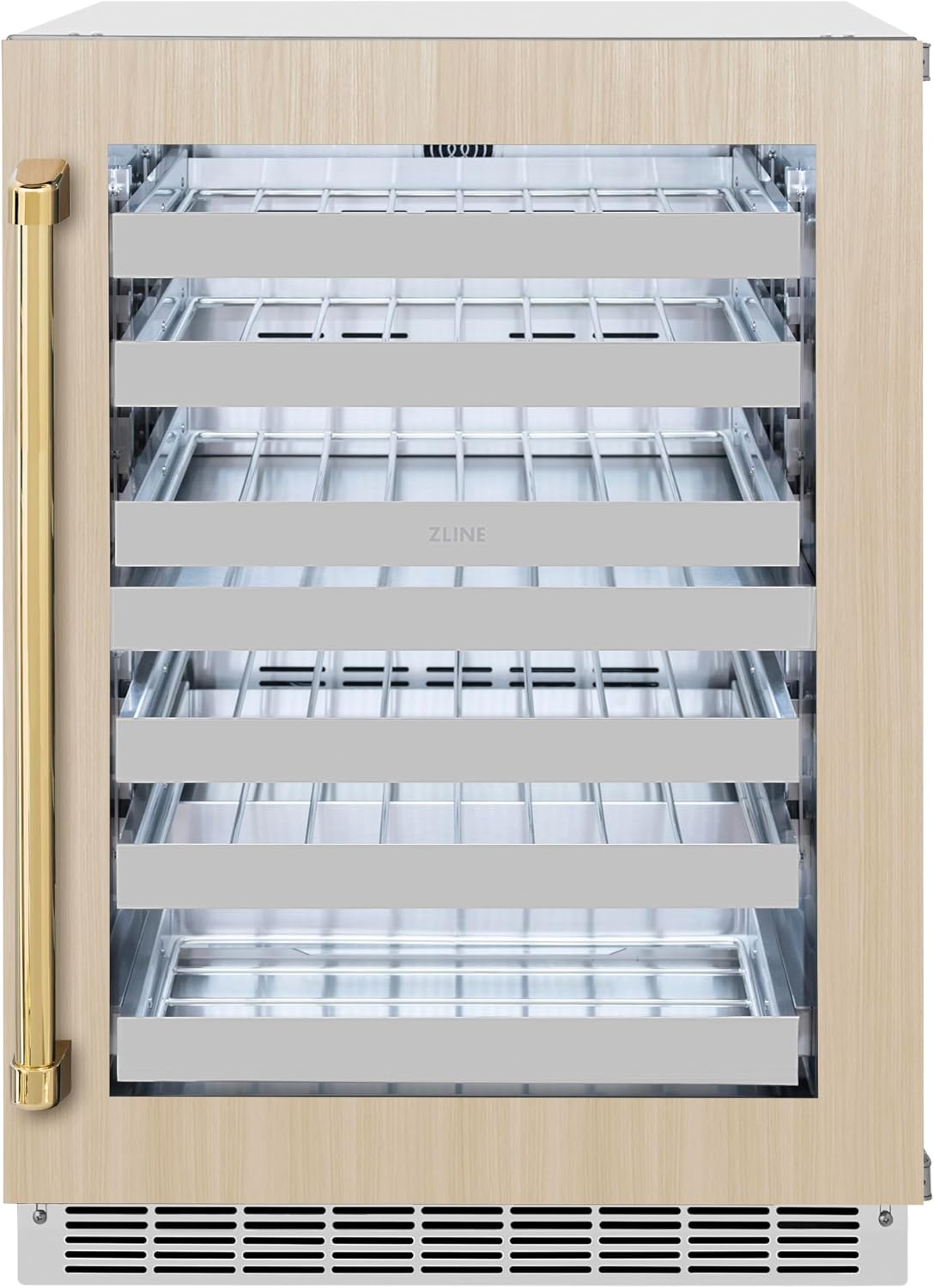 ZLINE Autograph Edition 24 in. Touchstone Dual Zone 44 Bottle Wine Cooler With Panel Ready Glass Door And Polished Gold Handle (RWDPOZ-24-G)