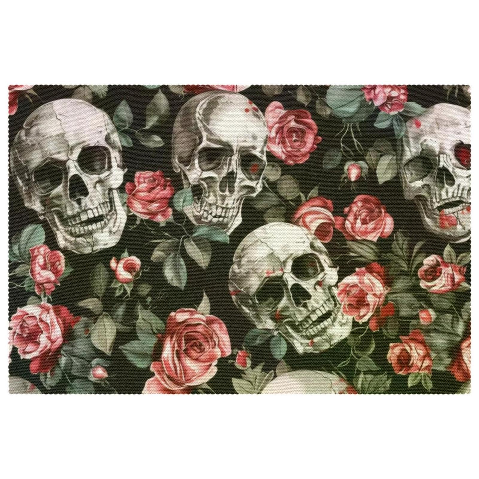 Sets de table en tissu Oxford têtes de mort roses lavables et faciles à nettoyer lot de 4