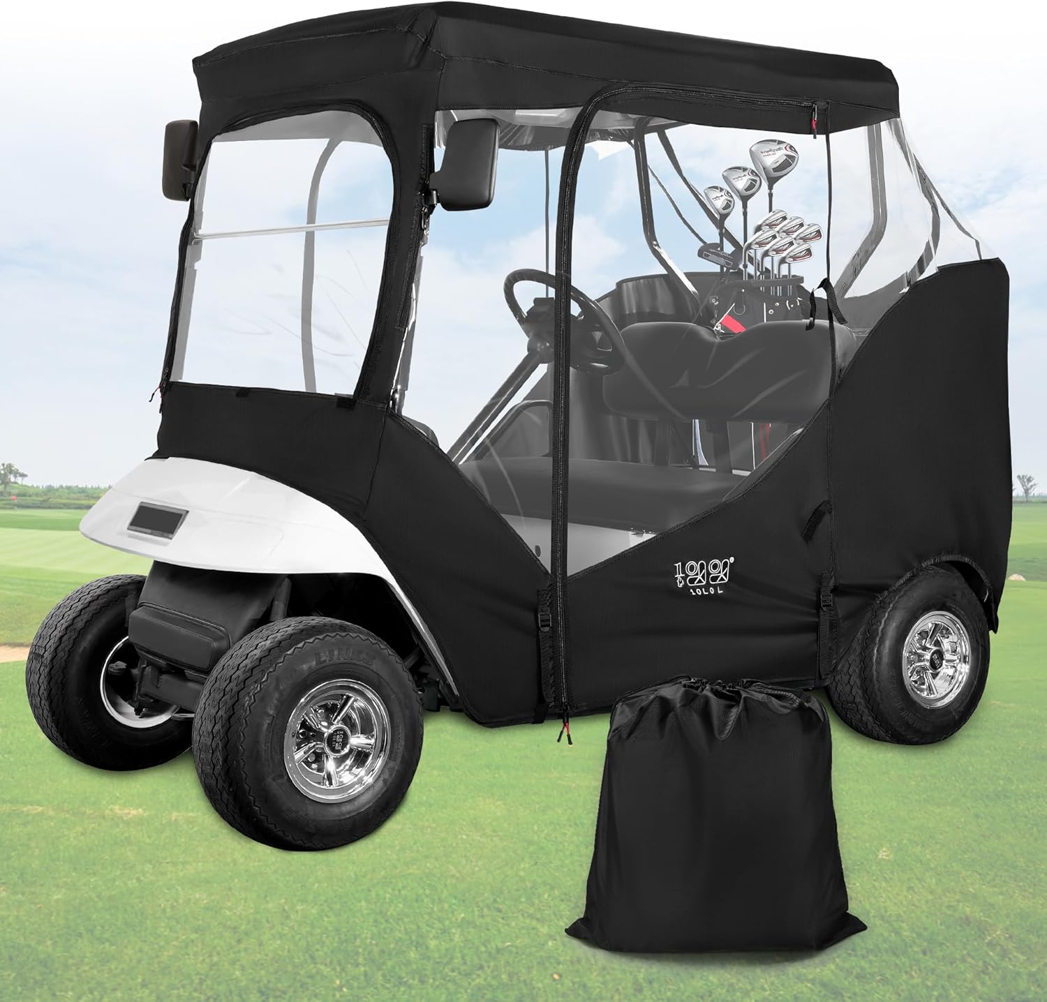 10L0L Golf Cart Enclosure 2 Passenger for EZGO TXT & RXV, Waterproof Portable Golf Cart Driving Enclosures Cover with 4-Sided Transparent Windows and Side Mirror Openings Black/Beige - Roof up to 58"