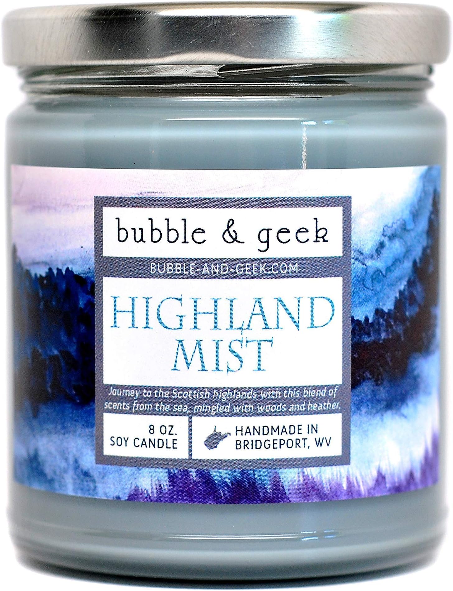 Bubble and Geek"Highland Mist" Scented Soy Candle, 8 oz Jar, Scotland