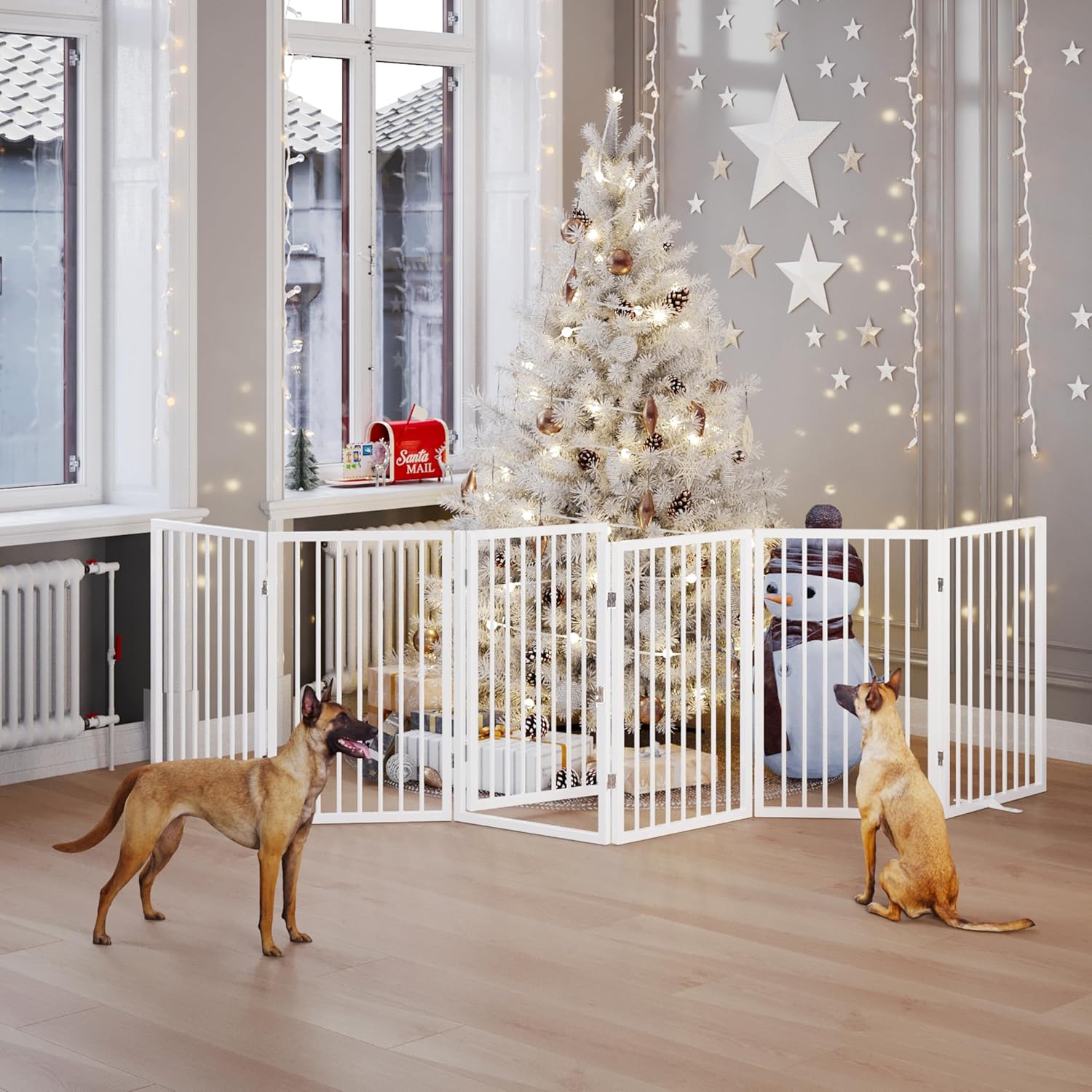 vantas folding no-assembly metal pet gate 120" wide, 24" extra tall dog gate with door walk through, freestanding accordion puppy gate dog door for indoor & outdoor, with 2pcs support - white ?6-panel with door?20w*24h white