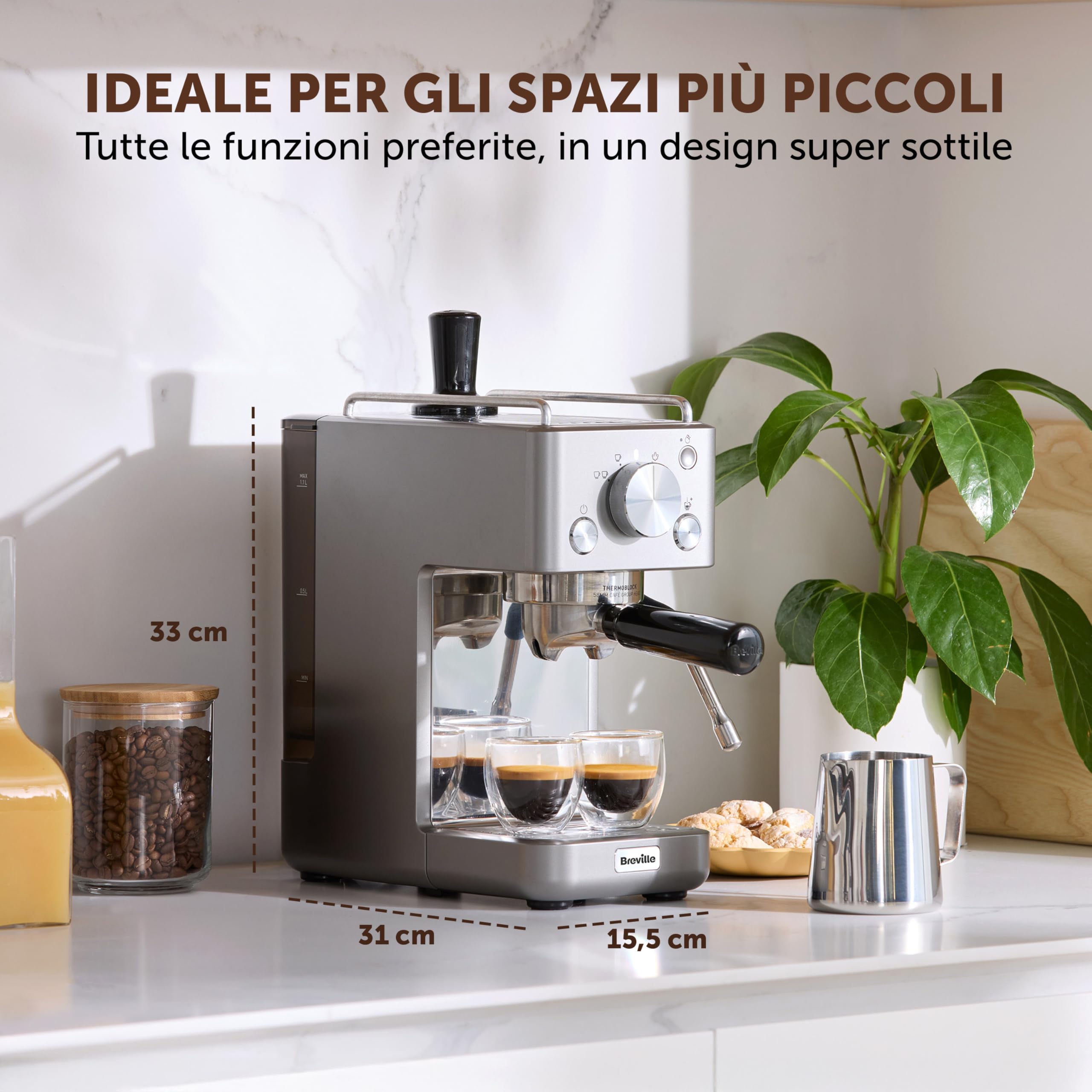 Breville Barista Slimline Macchina per espresso | IMontalatte integrato | Macchina da caffè compatta per cappuccini, latte macchiato e altro | Pompa da 15 bar | Argento [VCF185X]