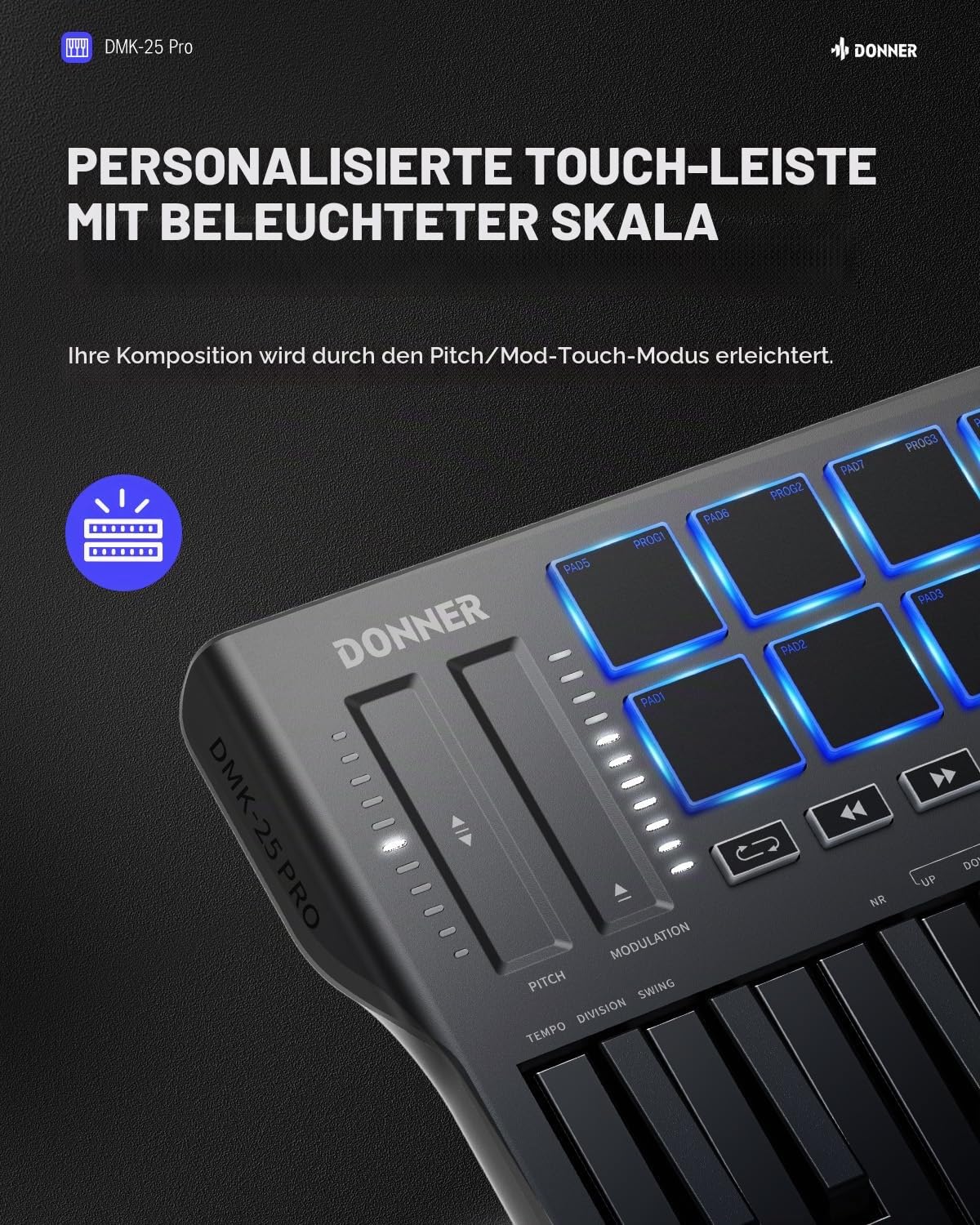 Donner DMK-25 Pro MIDI Keyboard Controller, tragbares USB-C-MIDI-Keyboard mit 25 Mini-Tasten, 8 Drum-Pads, OLED-Display, personalisierter Touch Bar, Musikproduktionssoftware und 40 Lernkursen
