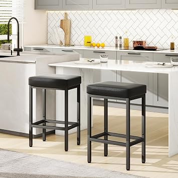 YMYNY Bar Stool Set of 2 - 66 cm Black PU Leather Seats with 6 cm Thick Cushion and Metal Base for Kitchen Counter, Island Counter, Pub, HBS513B