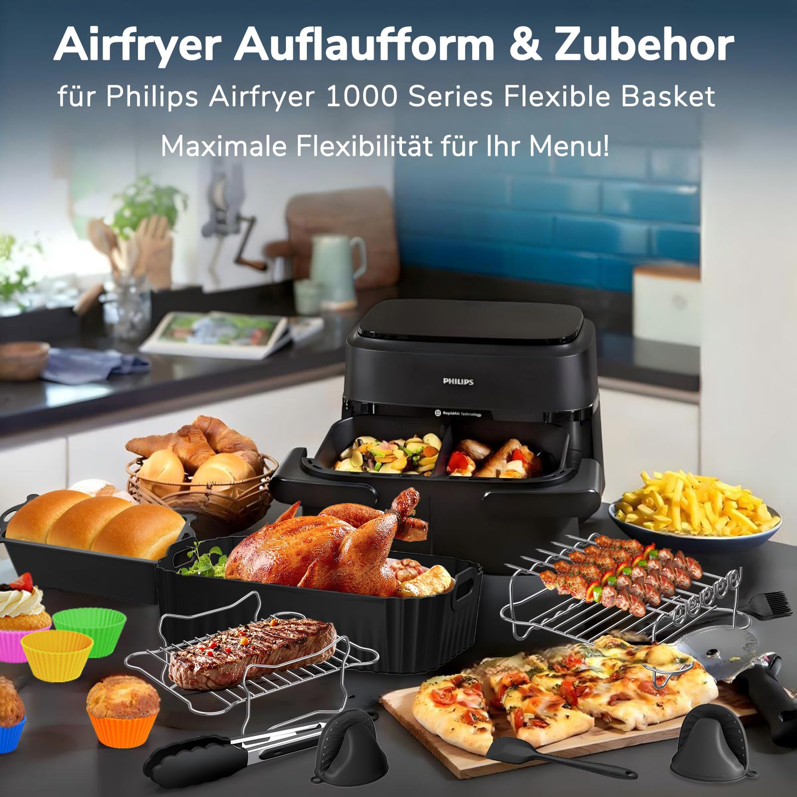 Heißluftfritteuse Zubehör für Philips Flexbasket Airfryer 1000 Series 7,1L | 3Pcs Maßgeschneiderte Airfryer Silikonform Zubehör, Wiederverwendbare Auflaufform Einsatz, Für Philips Airfryer NA154/00 7,1L