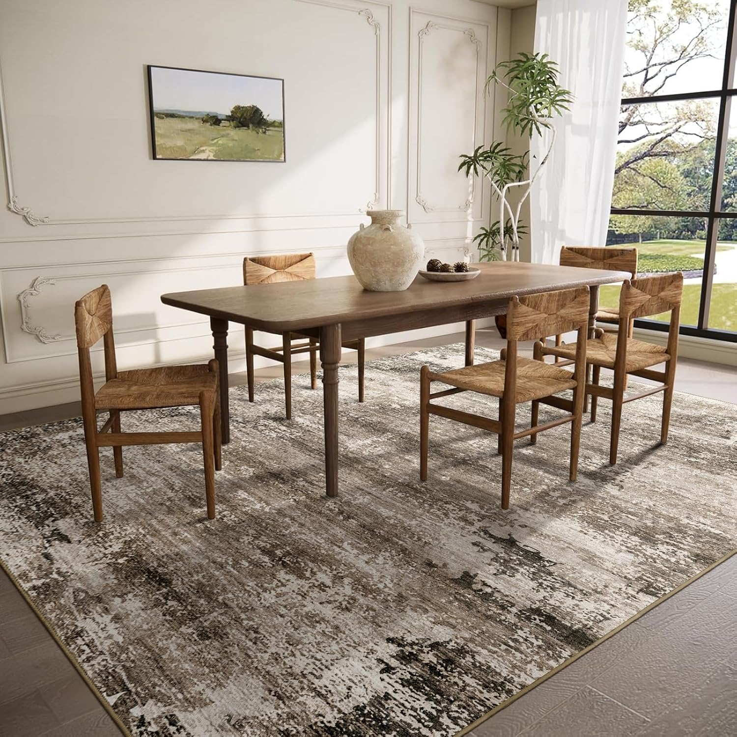 3' x 5' Abstract Living Room Rugs Washable Area Rug - Non Slip Soft Low Pile Rug, Modern Boho Design Spill-Resistant Stain-Proof Rugs for Living Room, Bedroom, Office, Nursery Dark Brown