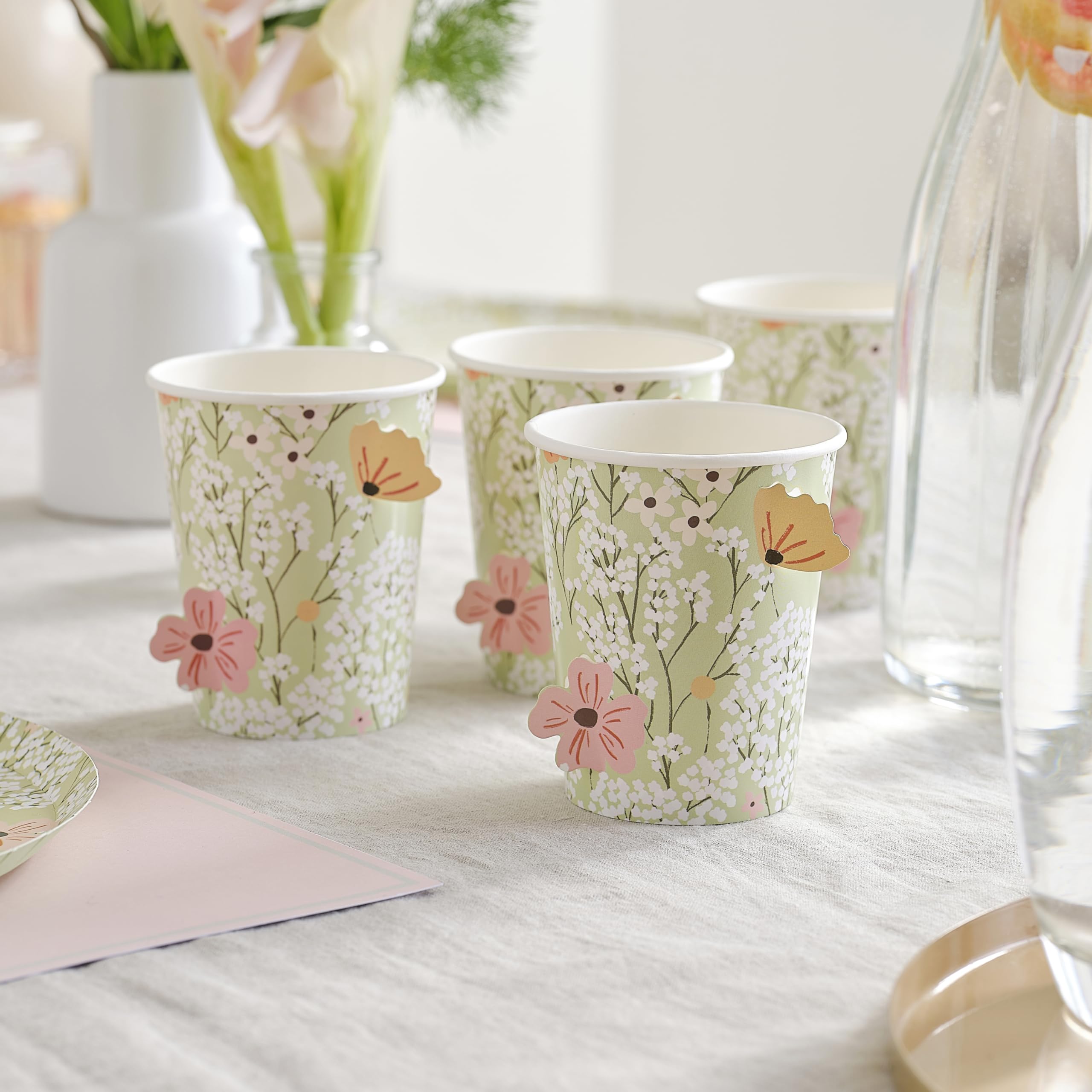 Ginger RayFloral Printed Paper Party Cups with Pop Out Flowers Baby Shower Tableware 8 Pack, Pastel