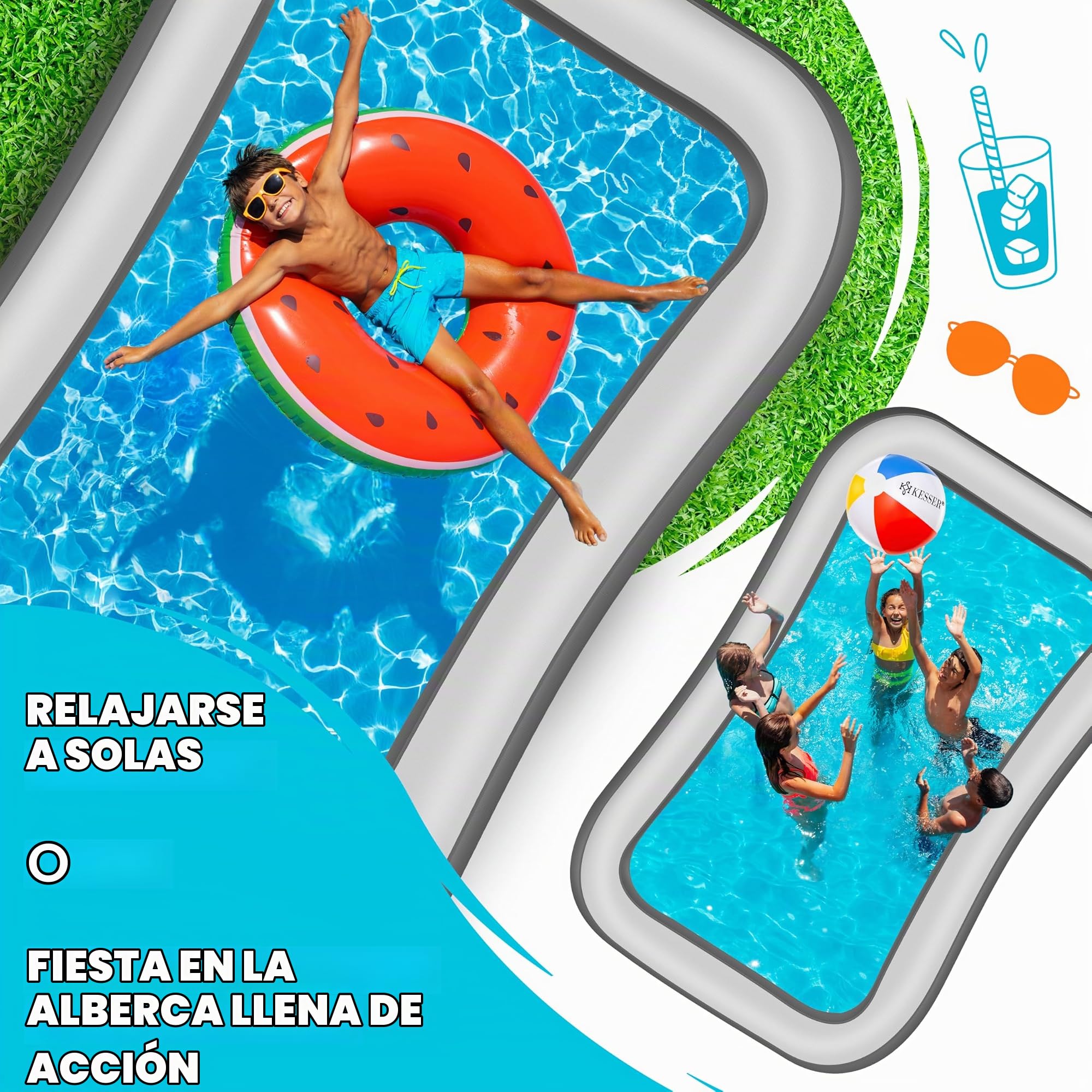 KESSER Piscina hinchable familiar para niños y adultos, piscina familiar, verano, 240 x 142 x 56 cm, 613 litros, capacidad para niños, incluye kit de reparación y pelota