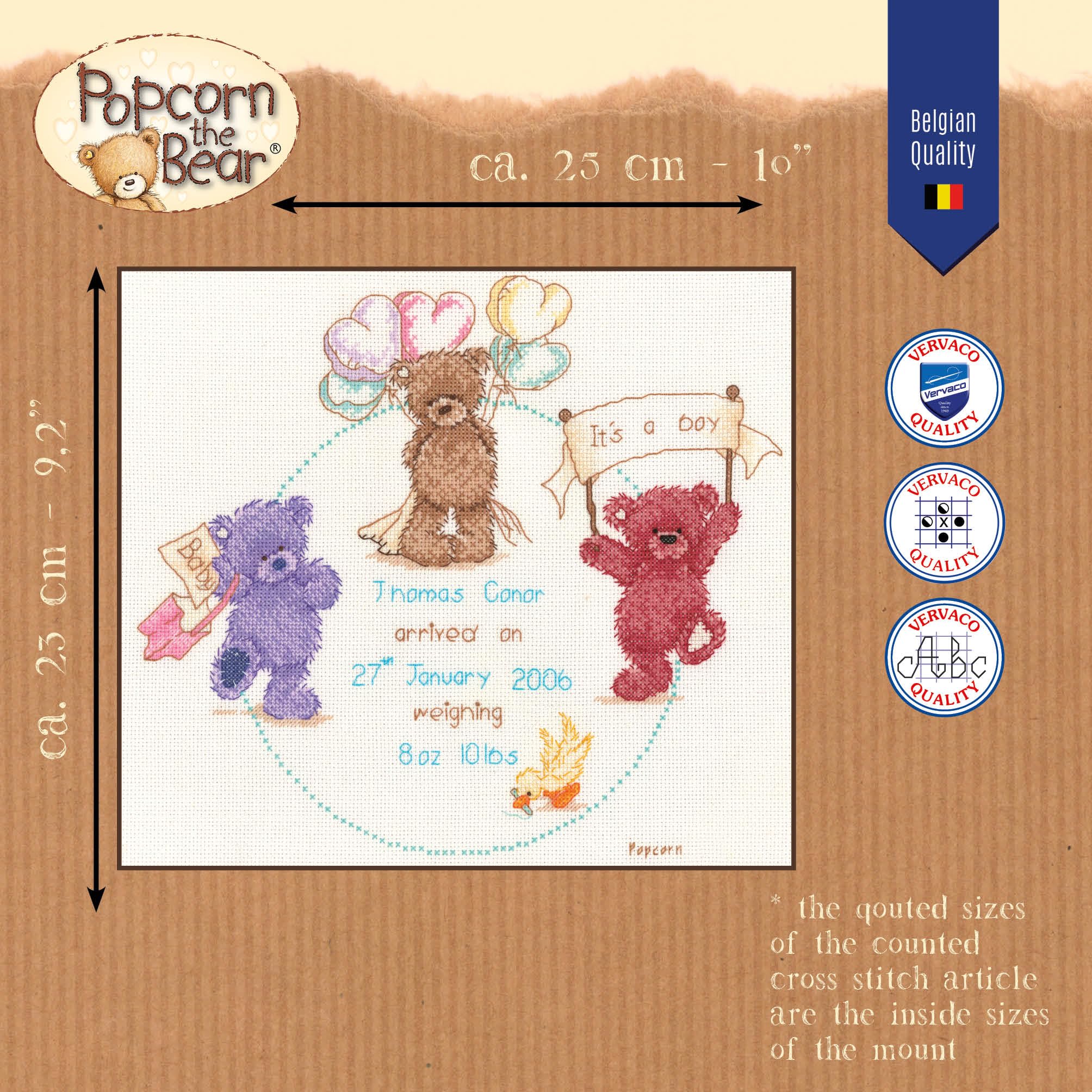 Vervaco Popcorn Celebration Birth Sampler Cross Stitch Kit