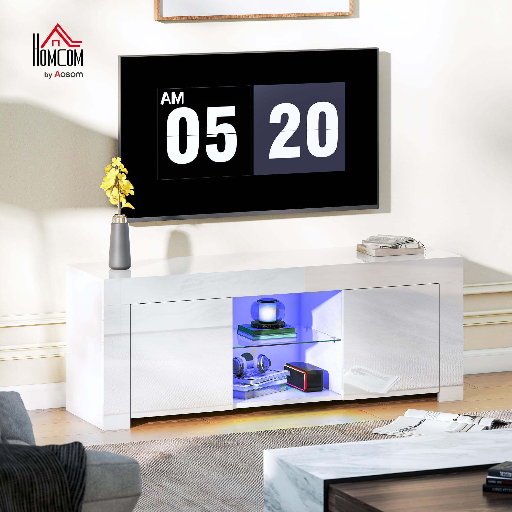 HOMCOM Meuble TV avec LED, pour TV 55 pouces, blanc, 120x34x45cm