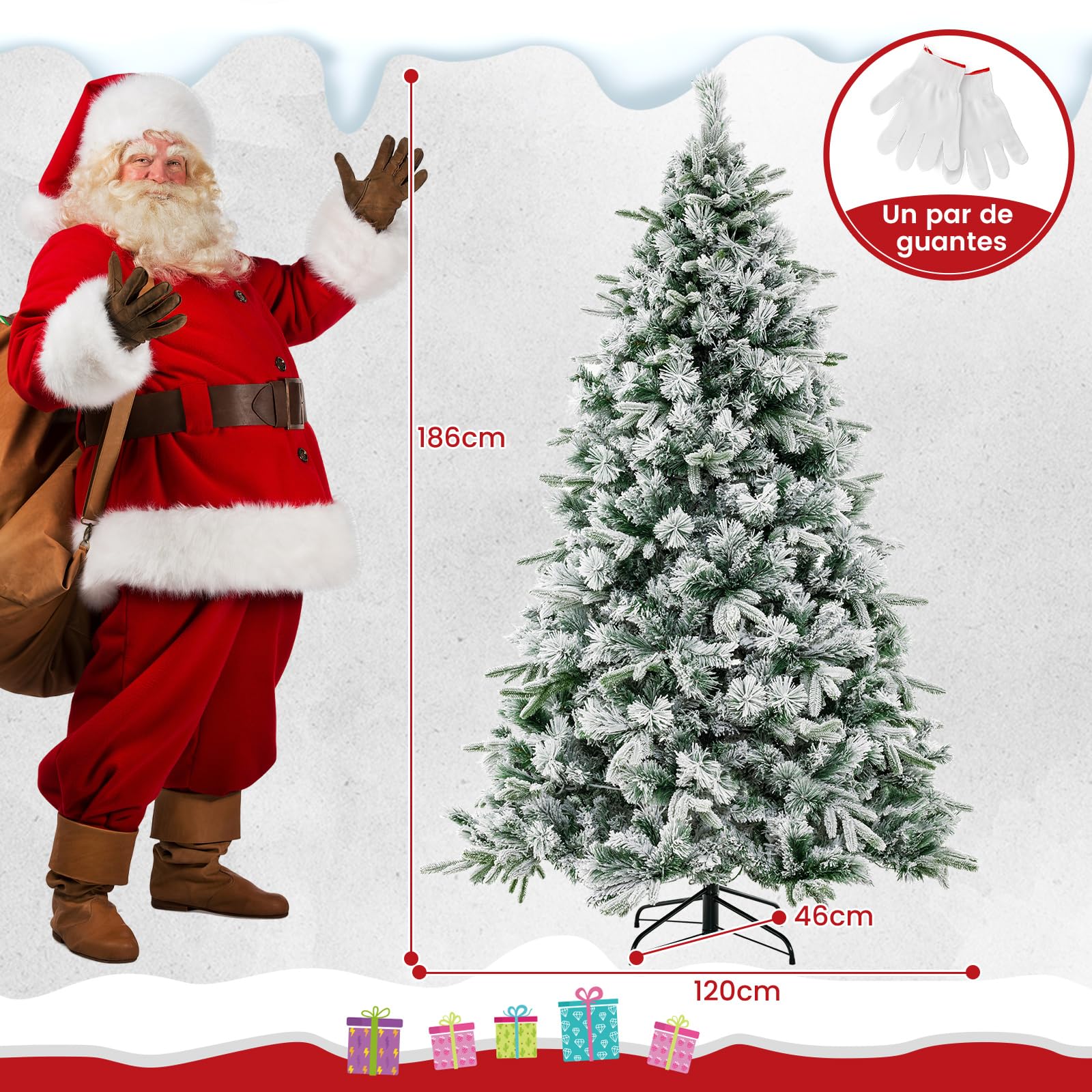 COSTWAY Arbol de Navidad Nevado con Luces 186cm, Arbol de Navidad con Luces Incorporadas, 250 Luces Blancas Cálidas, 752 Ramas PE y PVC, Agujas de Pino, Arvore de Natal Hogar Oficina Tienda