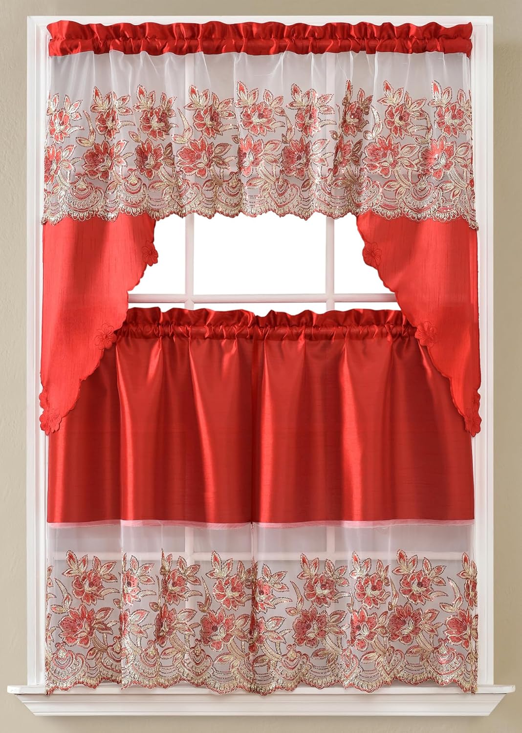 GLORY RUGS キッチンカーテン グレー ホワイト レッド バランスセット スワッグ飾り布1枚と段2段 幅73.72cm&times;86