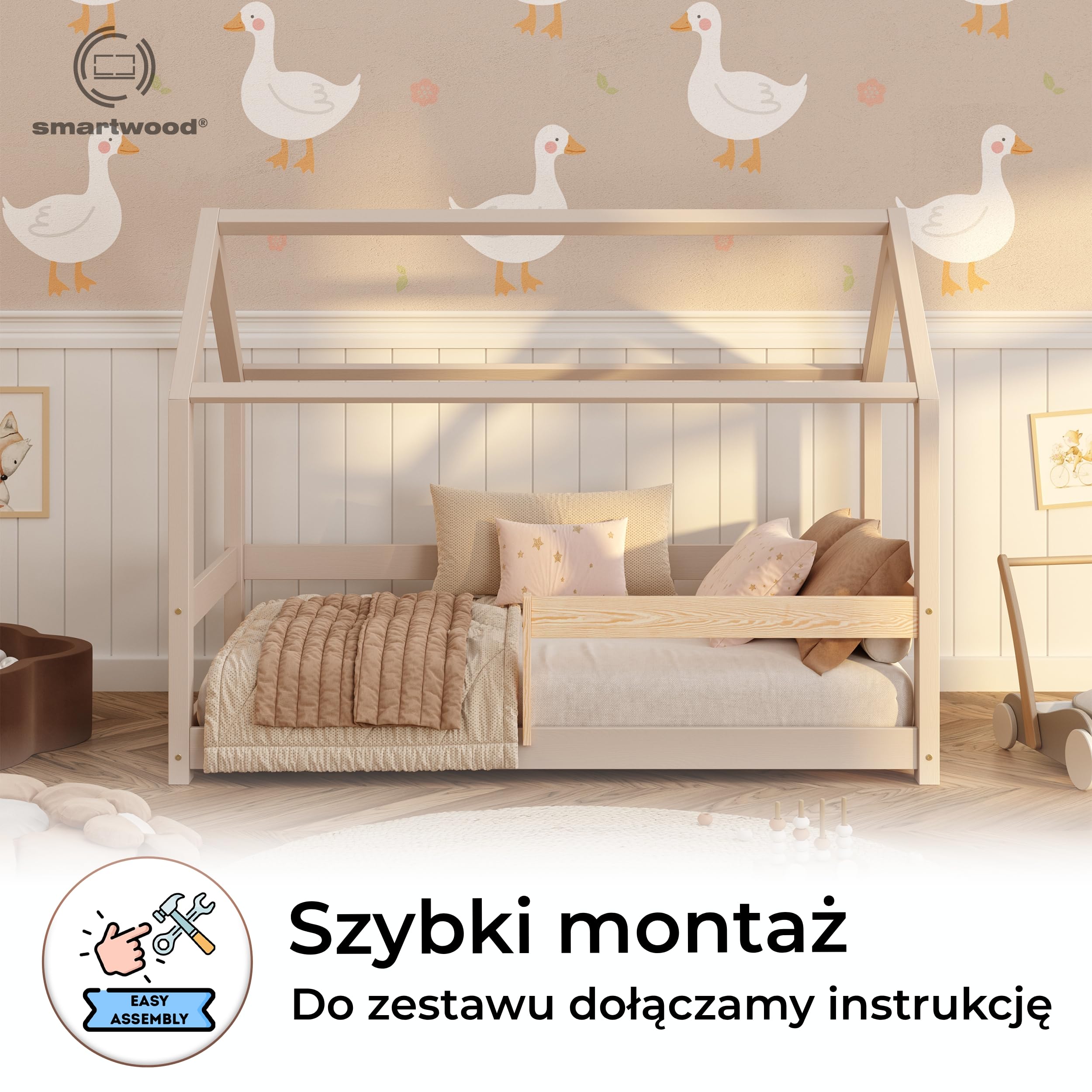 smartwood Łóżko domek 90x190 ze stelażem, Lite Drewno, Kaszmirowy, MILO | Łóżko dziecięce Montessori, wysokość wejście 12 cm, stelaż do 230 kg, drewno sosnowe, łatwy montaż, od 3 lat