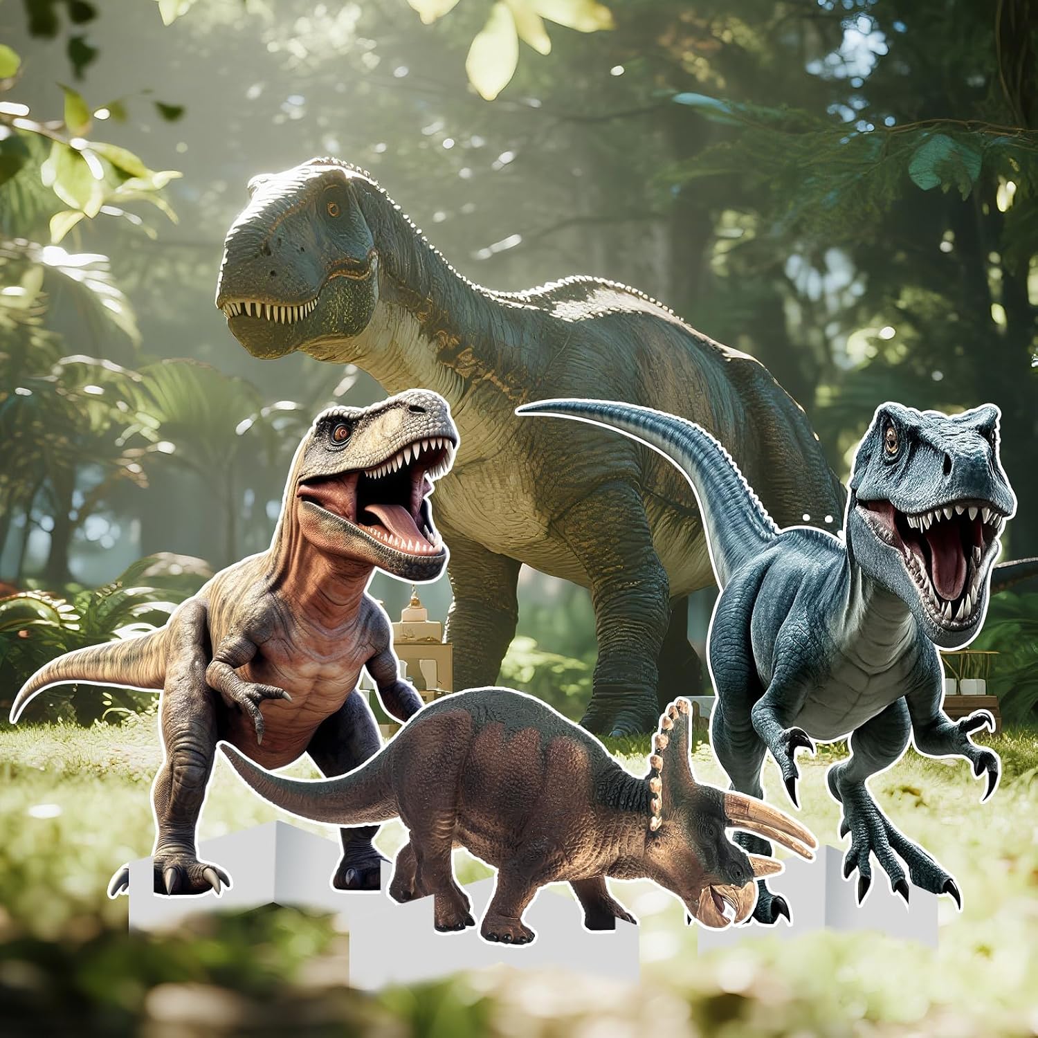 chunful 3 pcs large dinosaur themed decoration t-rex stegosaurus velociraptor cardboard cutout standup dinosaur birthday party photo backdrop for jurassic theme jungle safari party supply(classic)