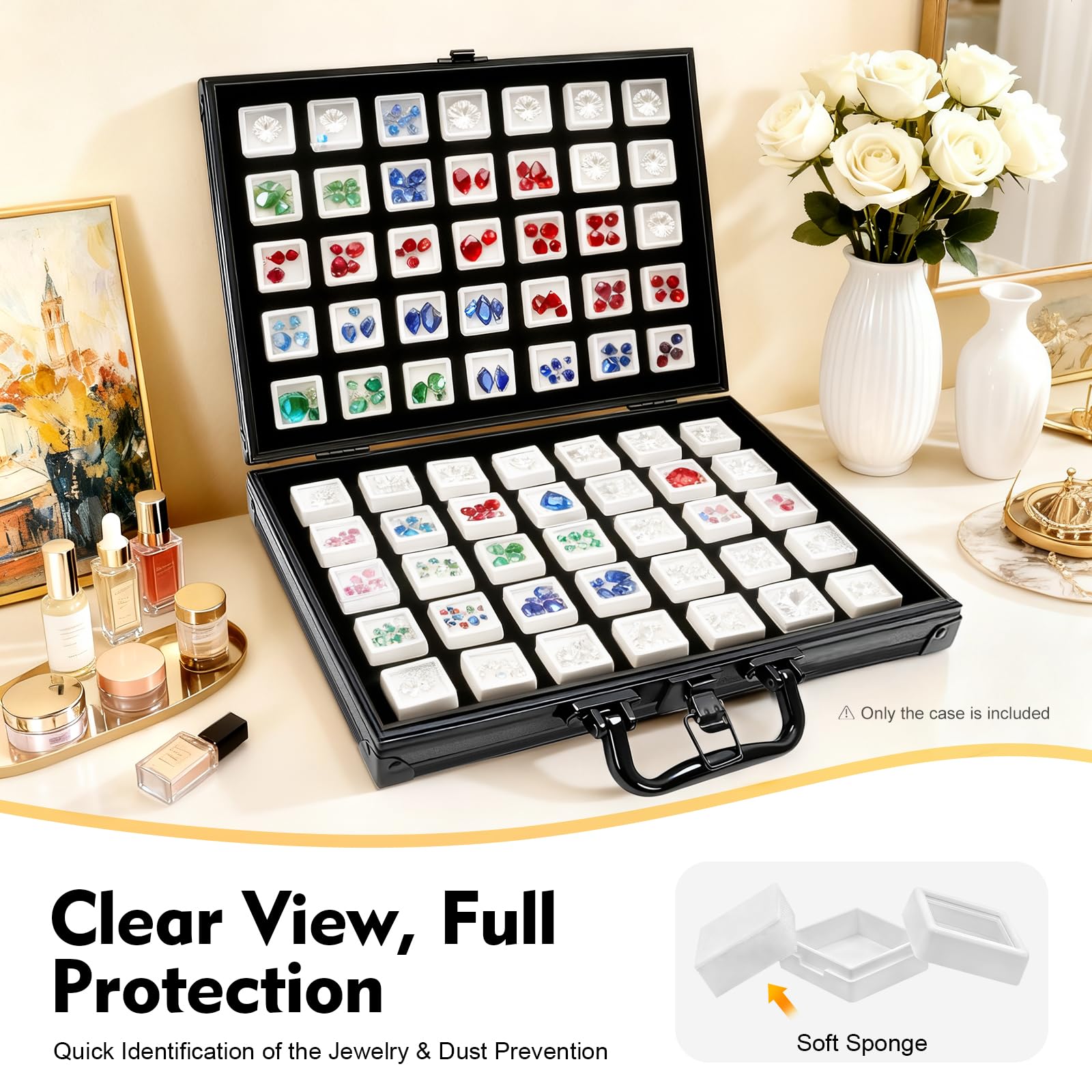 70 Gitter Edelstein Schaukasten, Gem Organizer mit Schwammatte Durchsichtige Deckel Schmuck Aufbewahrungsbox Schmuckbehälter Diamant-Vitrine