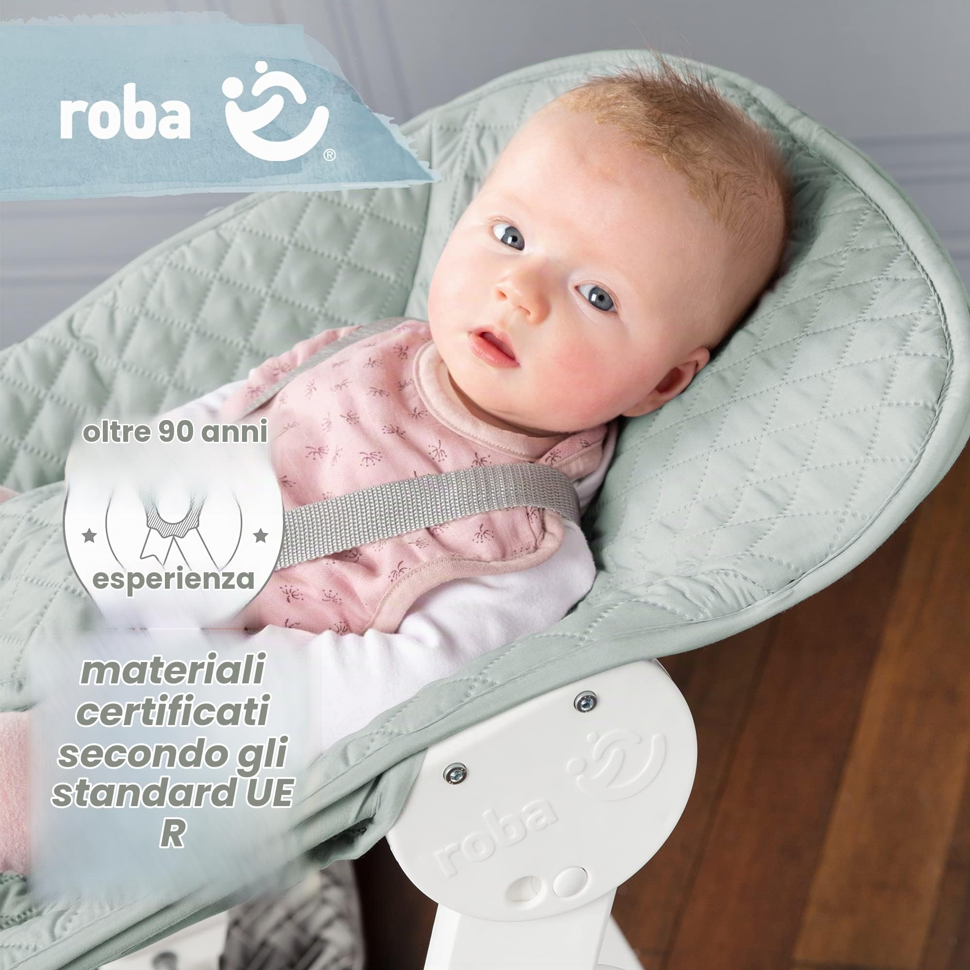 roba Seggiolone Evolutivo Born Up 2in1, Sdraietta roba Style Verde Ghiaccio Reclinabile, Fodera Impermeabile, Altezza Regolabile, Robusto e Resistente, Ergonomico, fino ai 70 kg, Legno Laccato Bianco