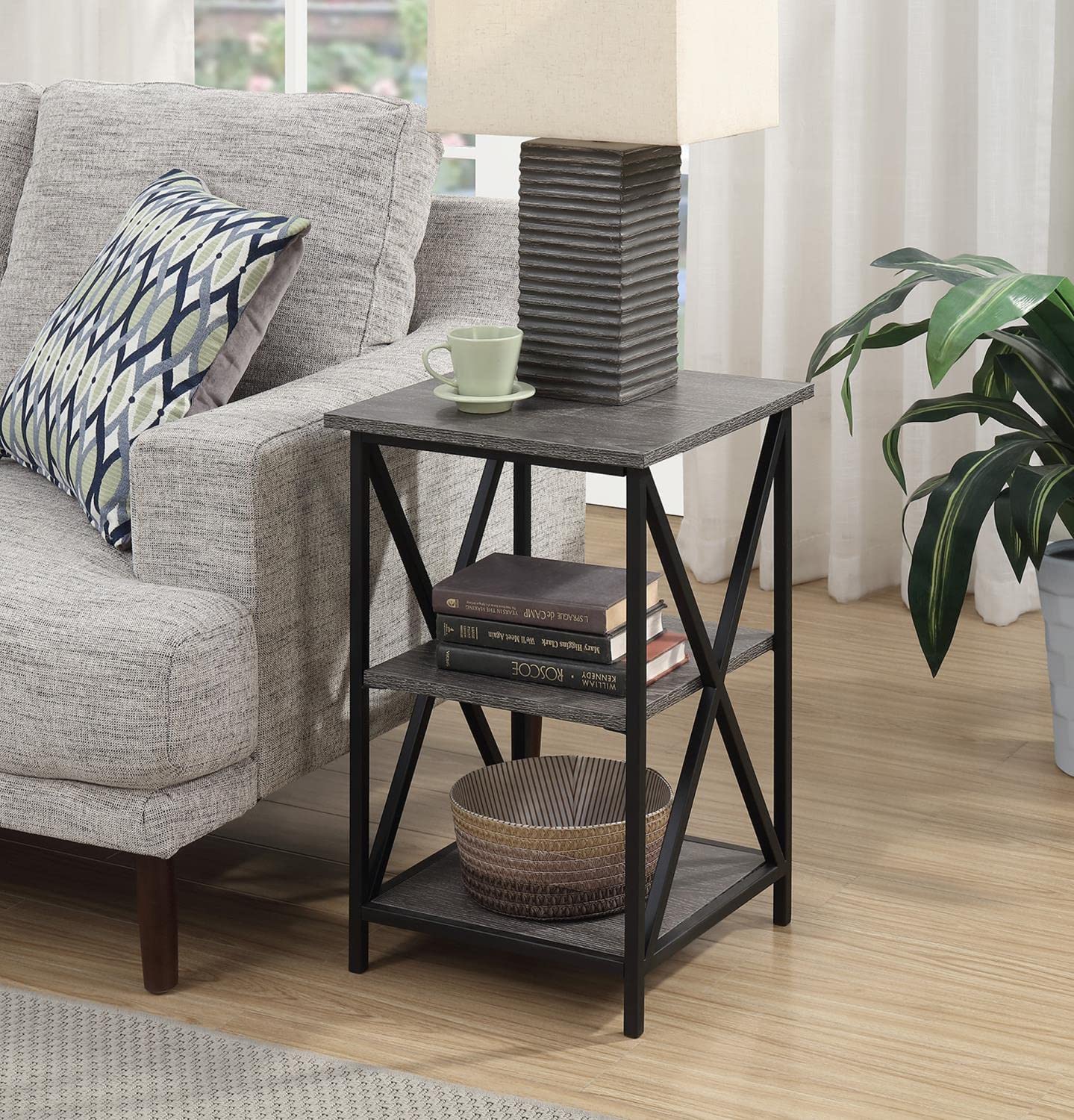 Convenience Concepts Tucson End Table with Shelves, Weathered Gray/Black