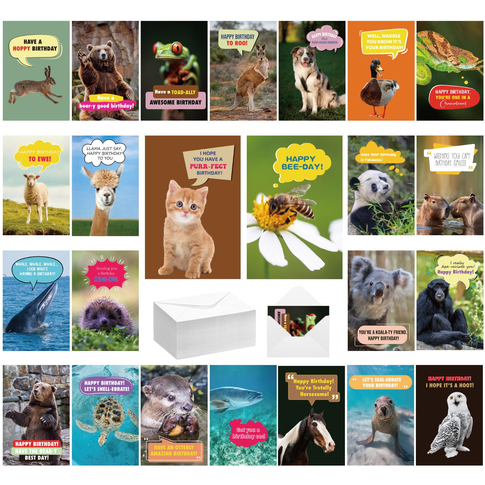 Feifeiya 72 Sets Funny Animal Birthday Greeting Cards Funny Punny Birthday Cards with Envelopes 24 Special Designs Bulk Happy Birthday Greeting Cards