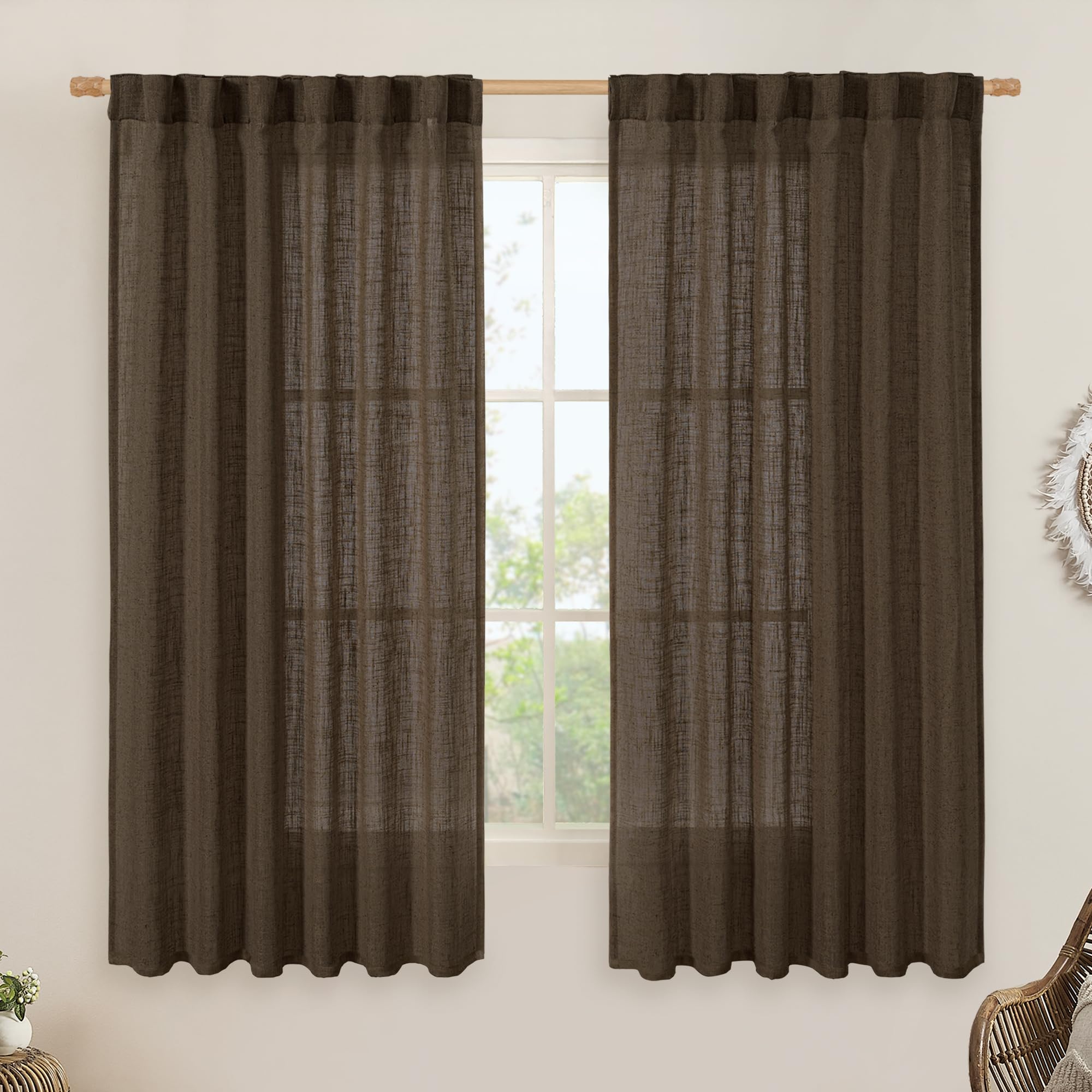 LAMIT Dark Brown Semi Sheer Linen Curtains 60 Inch, 2 Panels — image 1