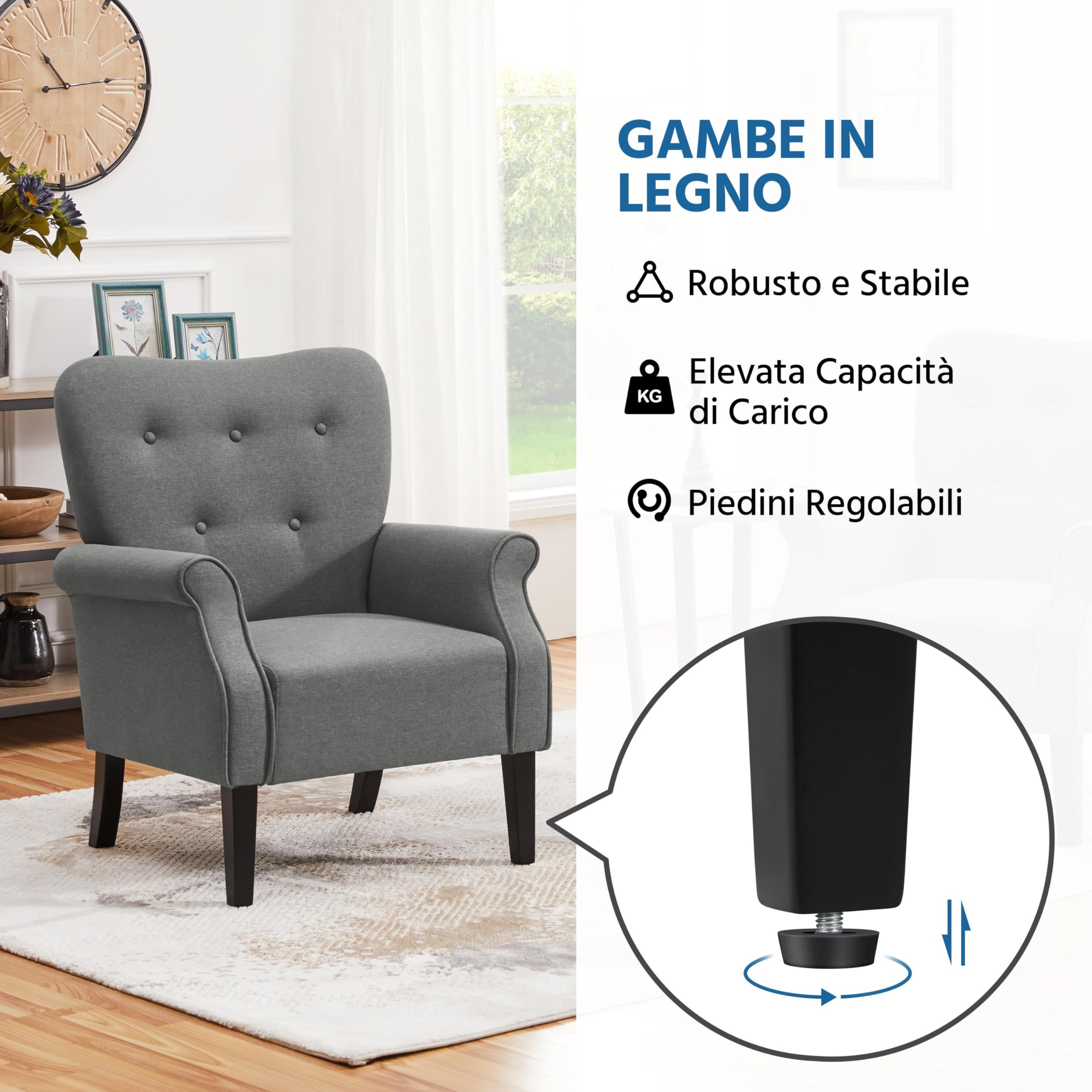 Yaheetech Poltrona da Salotto Moderna di Medioevo Divano Singolo per Soggiorno Gamba in Legno Poltrocina con Schienale Imbottito Grigio Scuro/Tessuto