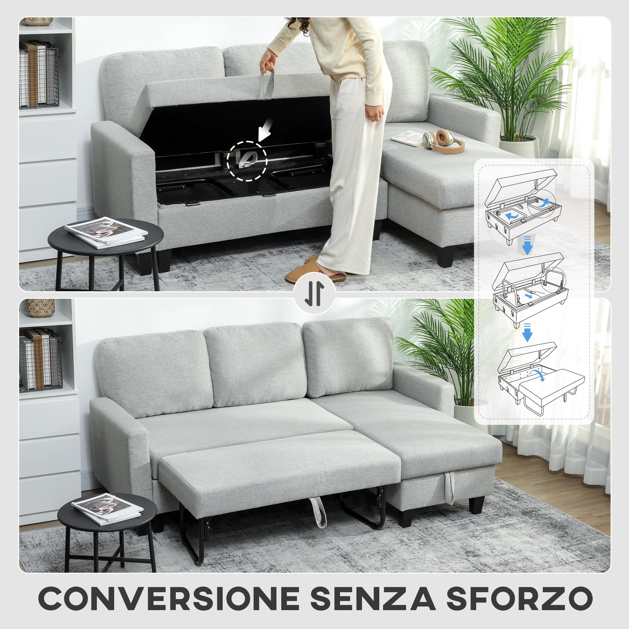 HOMCOM Divano Letto 3 Posti con Chaise Longue Convertibile, Divano Angolare con Vano Portaoggetti, Cuscini Sfoderabili in Tessuto Effetto Lino, per Soggiorno Salotto, 197x129x85 cm, Grigio Chiaro