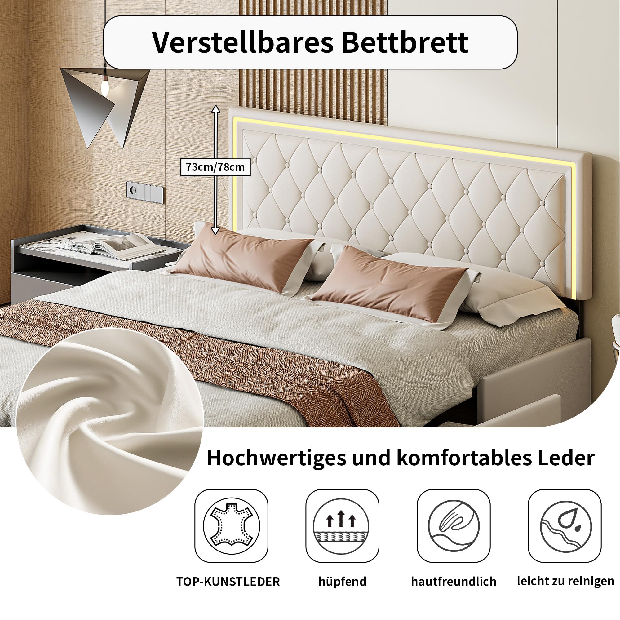 Cama Acolchada de Matrimonio con 4 cajones y LED, Estructura de Cama de Matrimonio, Plataforma de Poliuretano con somier de láminas de Madera, sin colchón (Beige, 140x200cm)