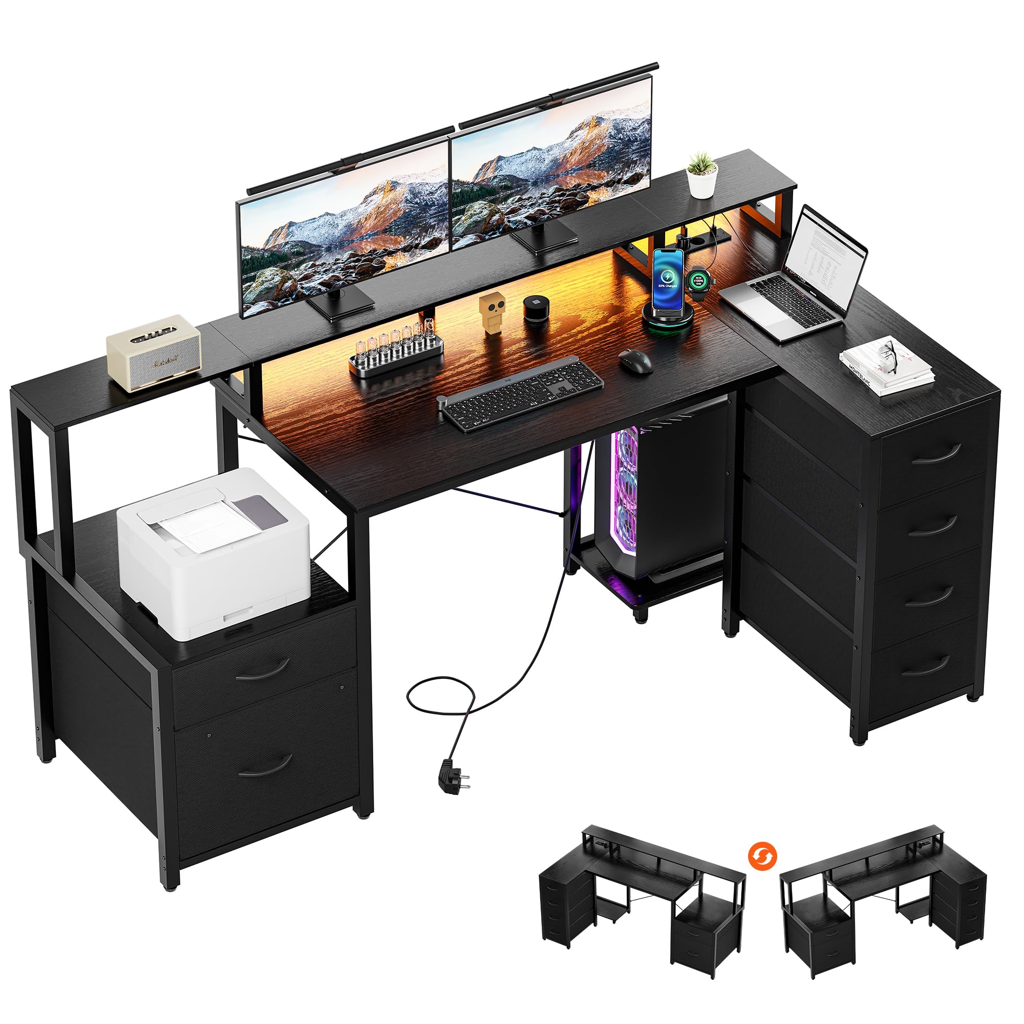 YOUDENOVA Schreibtisch L Form mit Schubladen, 150x80cm Eckschreibtisch mit LED & Steckdose & USB, Reversibel Gaming Tisch mit Monitorständer, Stauraum, Computertisch für Homeoffice & Gaming, Schwarz