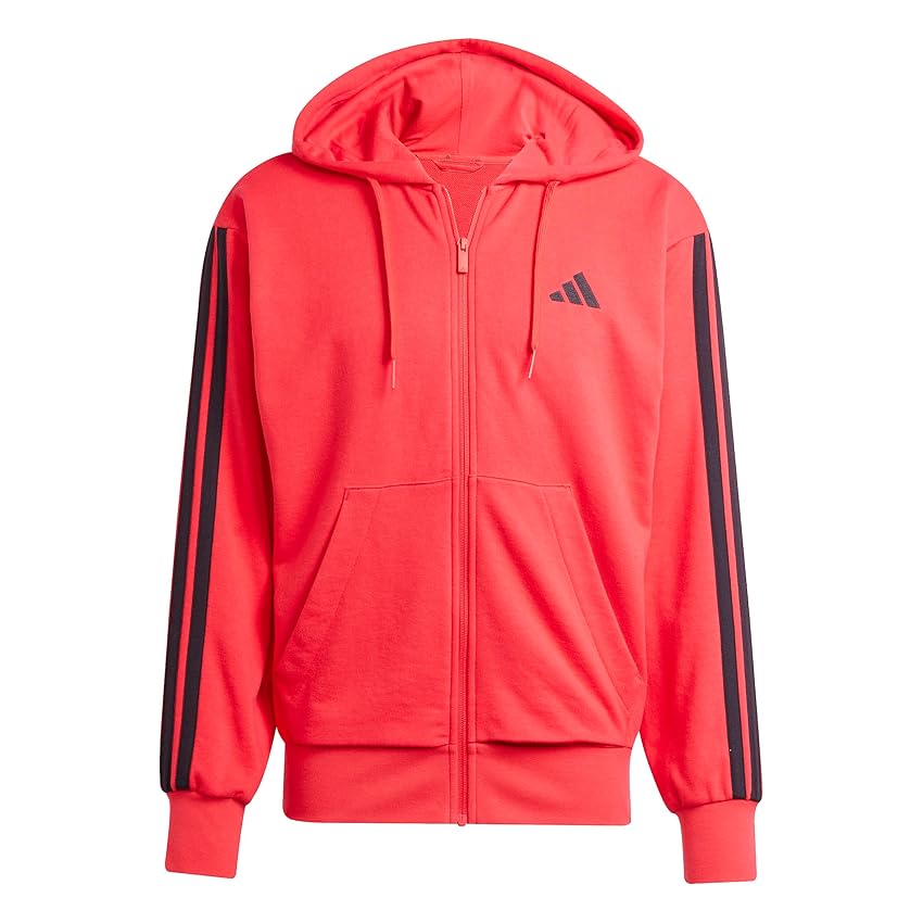 adidas Uomo Essential Three Stripes French Terry Fullzip Hoodie, Pure Ruby/Black, M