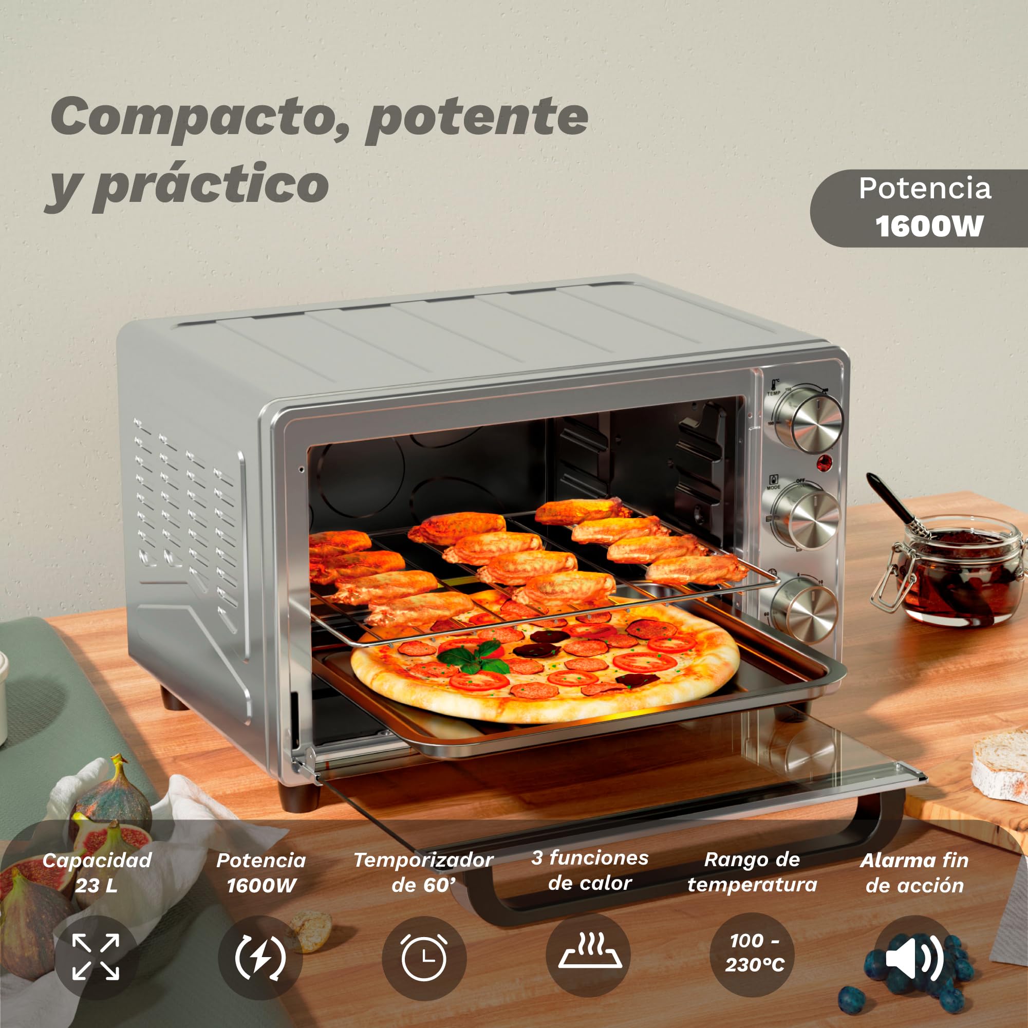 Horno eléctrico multifunción de sobremesa de 28L a 63L con ventilación convección y 3 funciones de calor. Selector de temperatura hasta 230ºC. Temporizador hasta 60 min - de 1600W a 2300W