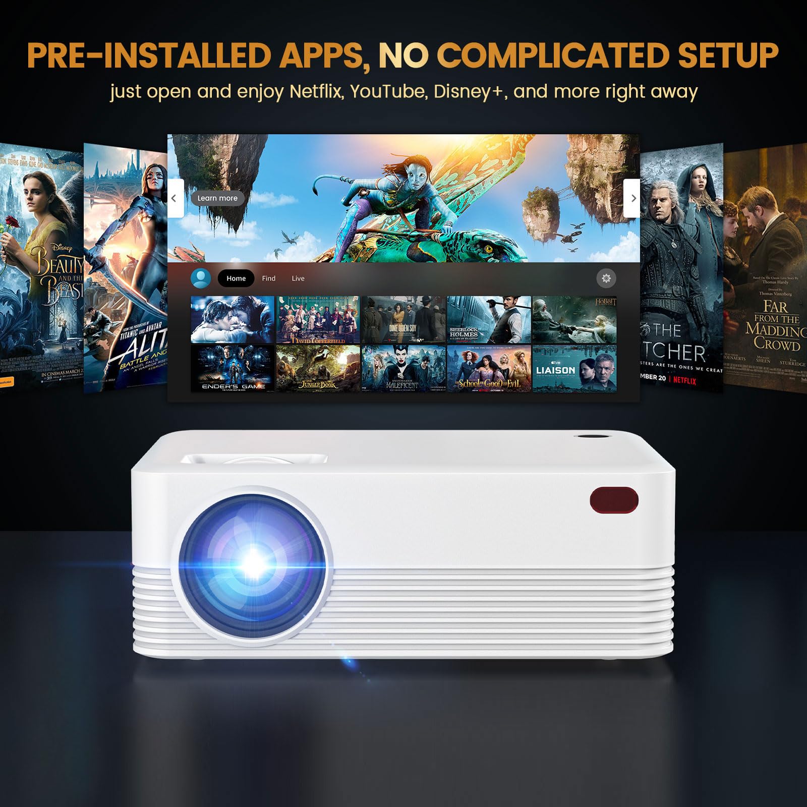 Mini proiettore portatile, proiettore Bluetooth 1080P con schermo, compatibile con iOS/Android/Windows/TV Stick/Box/USB/HDMI, bianco