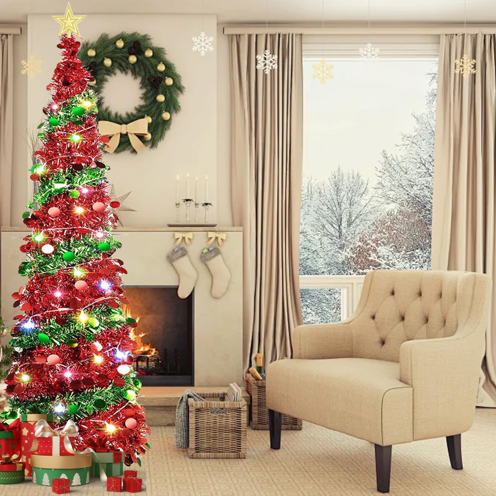 Albero di Natale Pieghevole Pop Up, Albero di Natale Artificiale a Paillettes 150cm con 50 Luci a LED, Alimentazione USB, Paillettes Scintillanti, Decorazione Natalizia per Interni ed Esterni, Casa