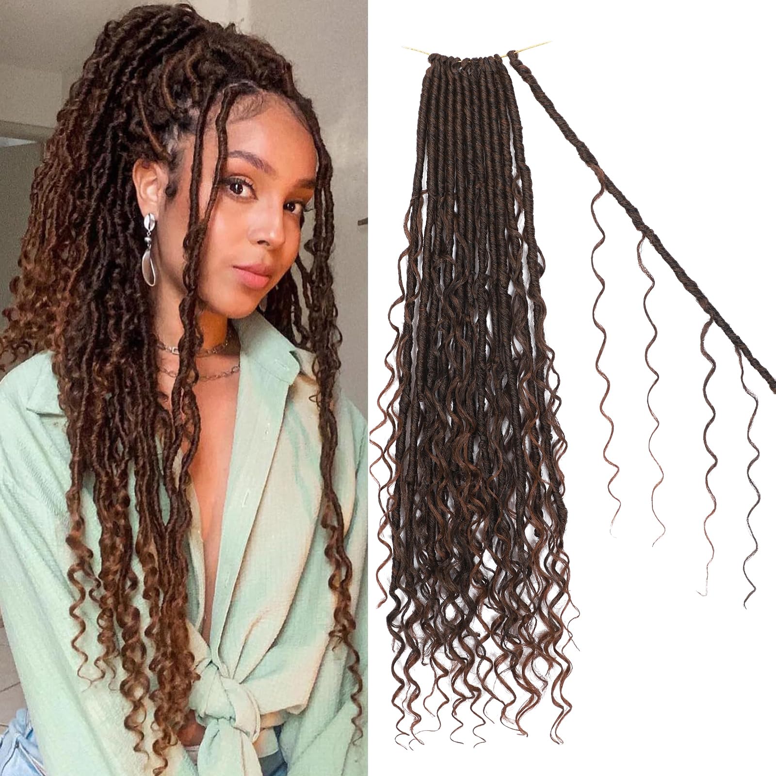 Brown Goddess Locs Crochet Hair 18 Inch Pre Looped Braiding Hair 84 Strands Bohemian Faux Loc Boho Braids River Locs Dreadlocs Hair for Black Women